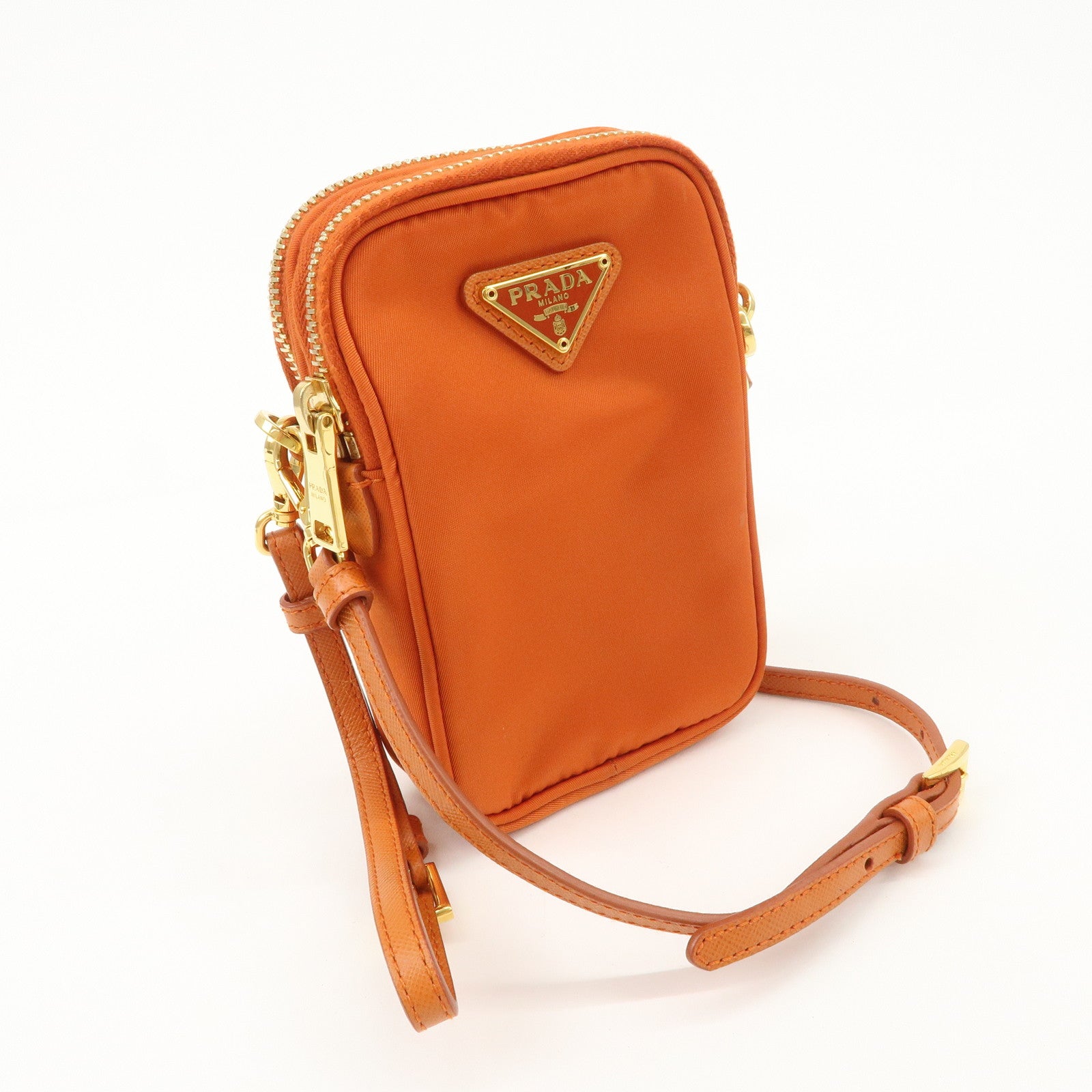 PRADA Triangle Logo Leather Nylon Smartphone Case Orange 2ZT012 Used