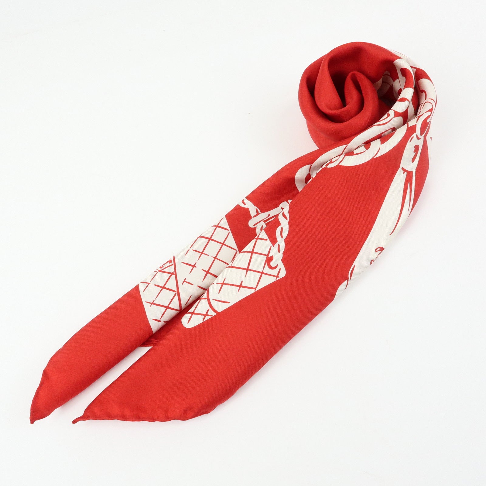 CHANEL Silk 100% Scarf Matelasse Bag Motif Red White