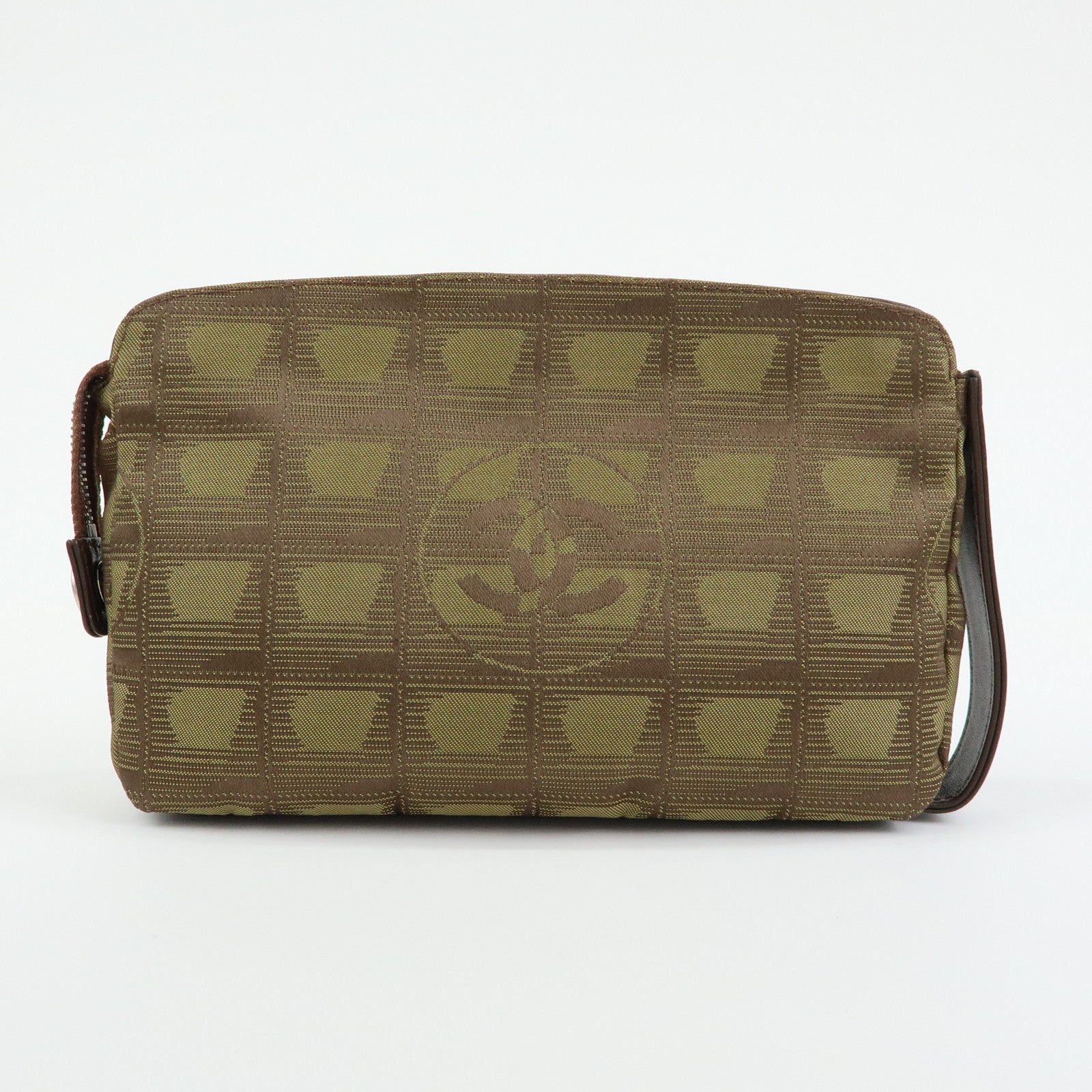 CHANEL New Travel Line Nylon Jacquard Leather Cosmetic Pouch Khaki