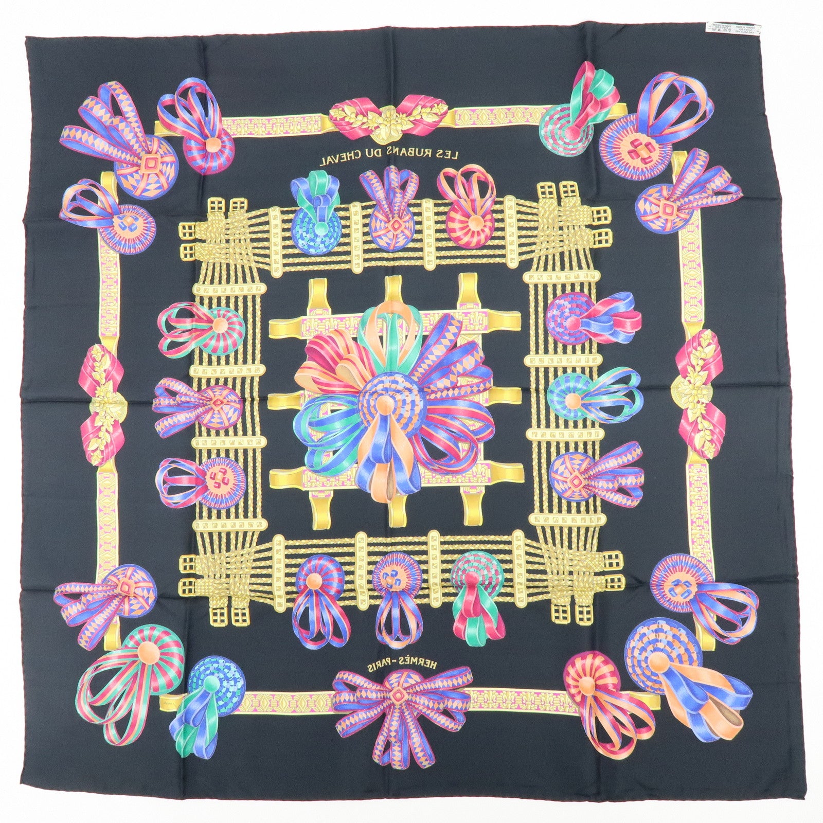 HERMES Carre 90 Silk 100% Scarf LES RUBANS DU CHEVAL Black