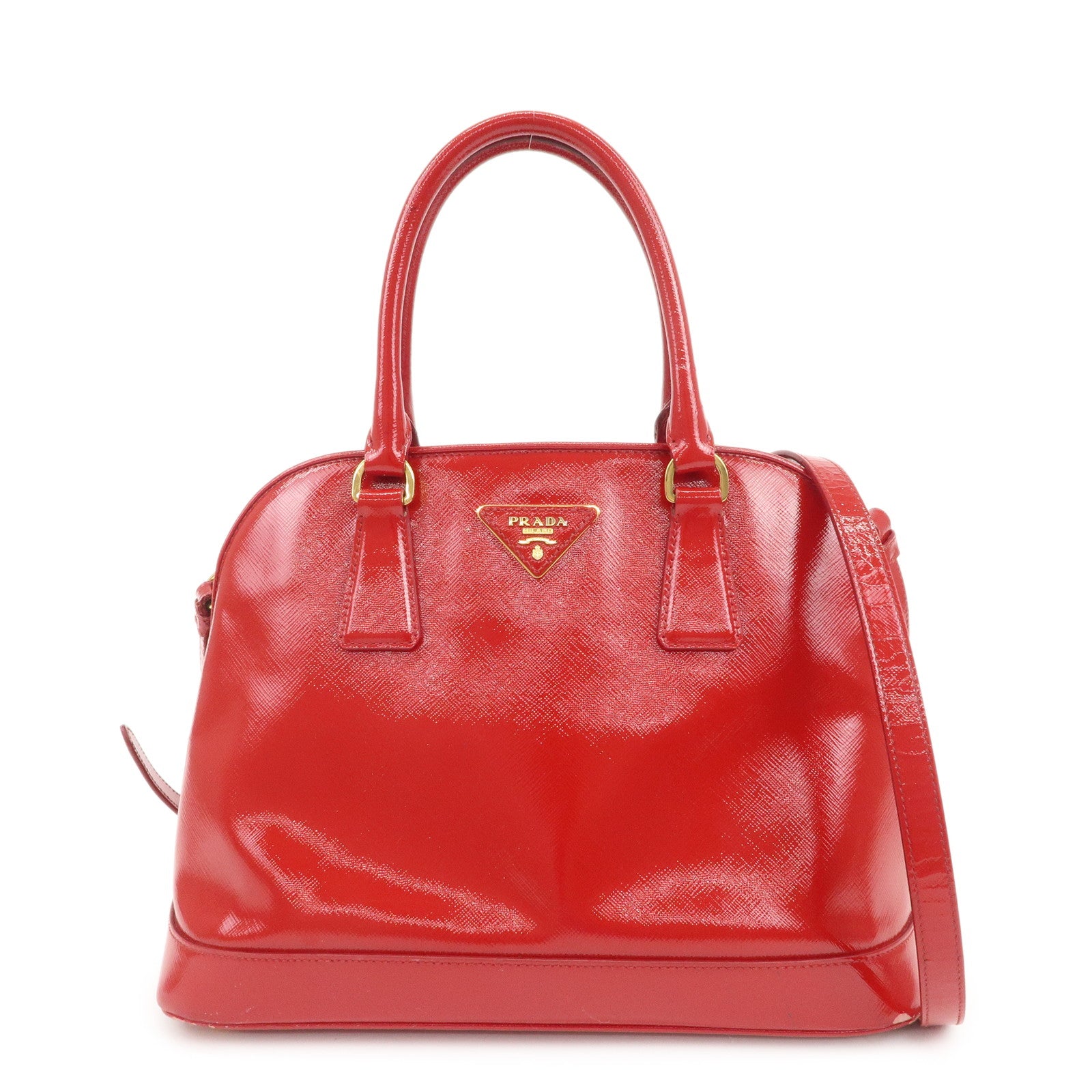 PRADA Triangle Logo Patent Leather 2WAY Bag Hand Bag Red BN2567