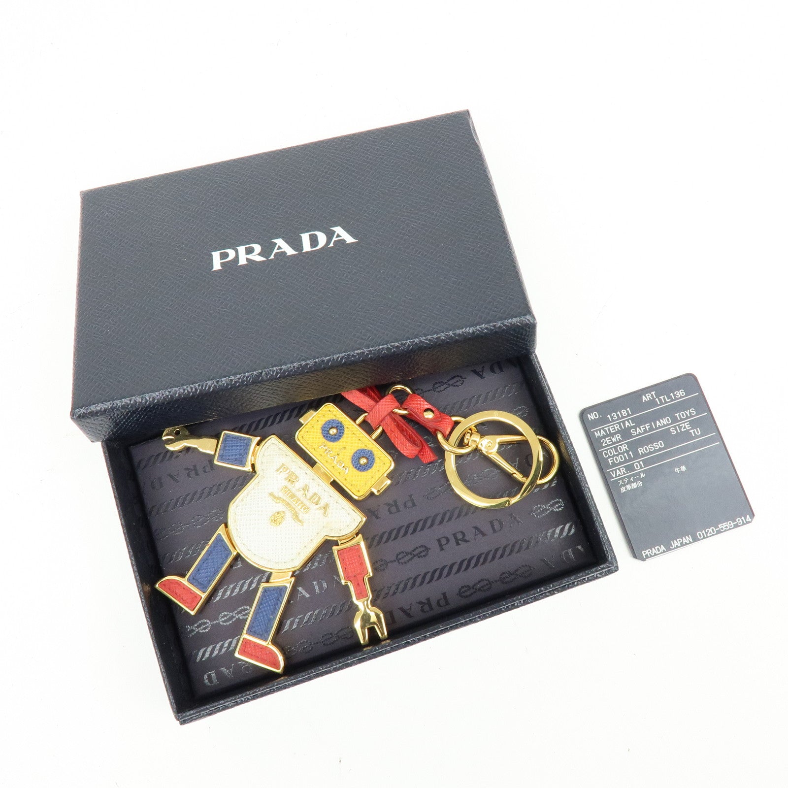 PRADA Saffiano Leather Metal Bag Key Charm Robot White Red 1TL136