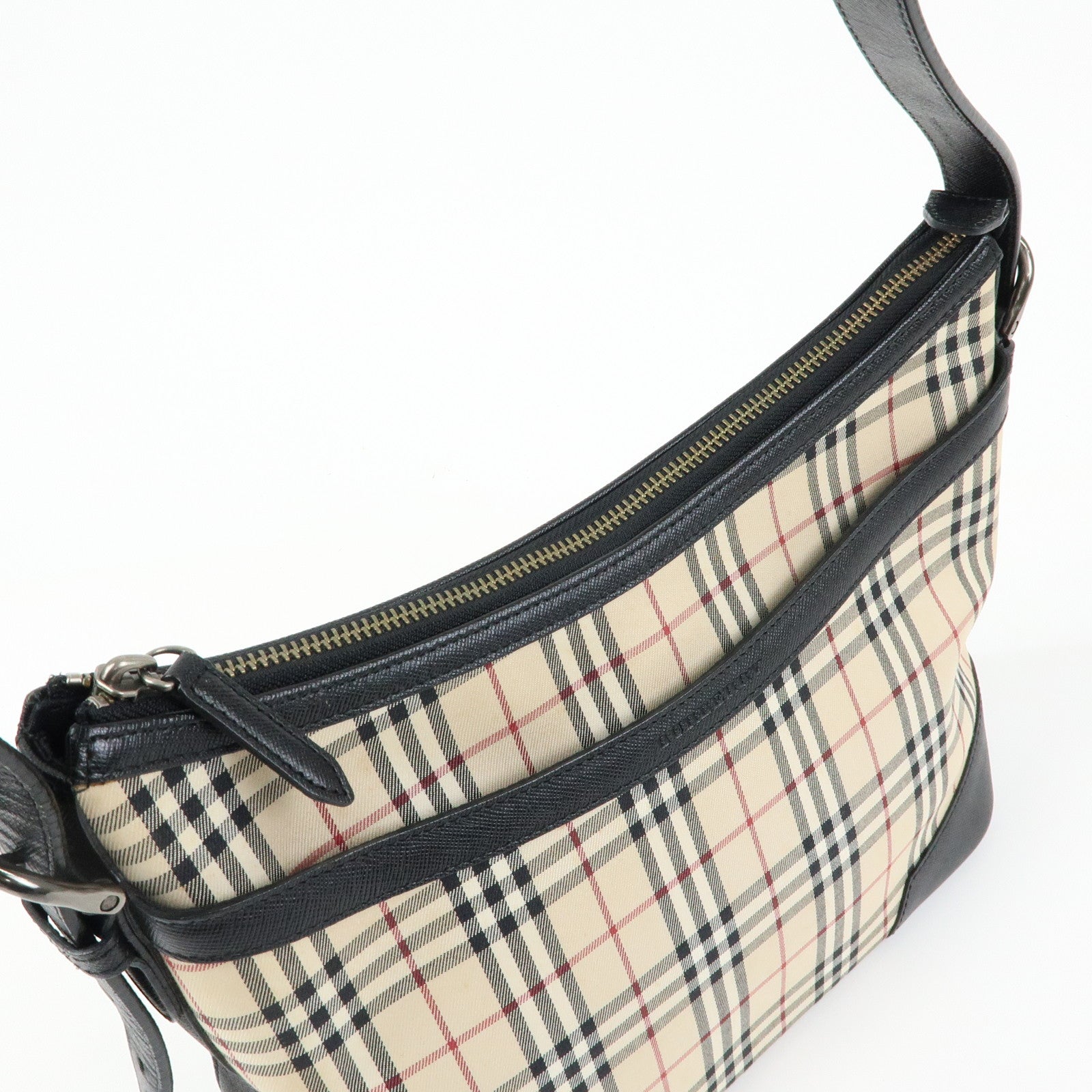 BURBERRY Nova Plaid Canvas Leather Shoulder Bag Beige Black