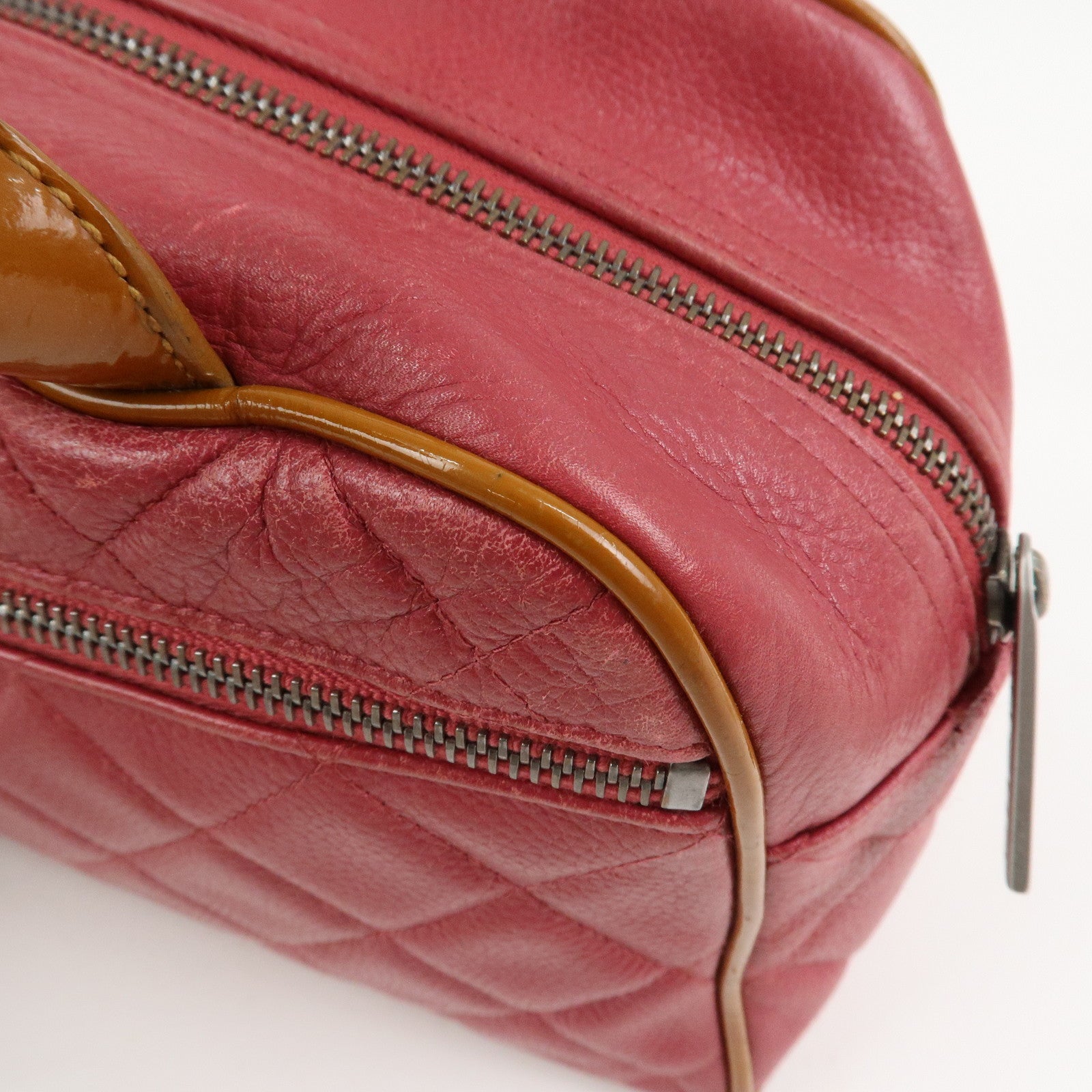 CHANEL Matelasse Leather Patent Leather Mini Boston Bag Pink Brown