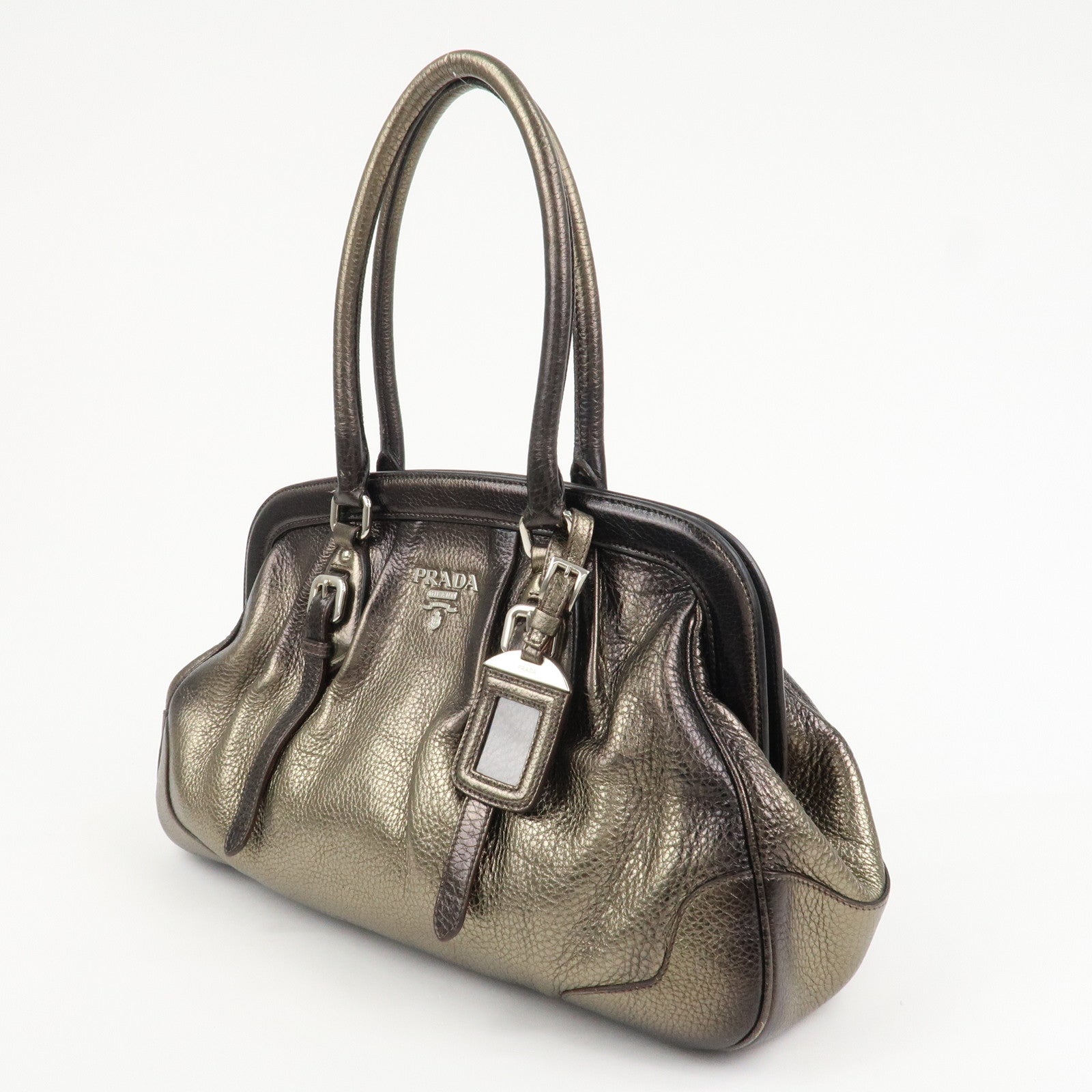 PRADA Logo Leather Shoulder Bag Boston Bag Metallic Gold