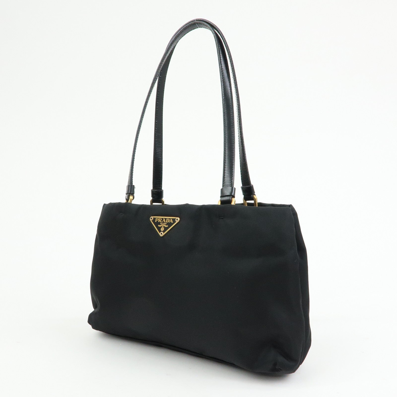 PRADA Triangle Logo Nylon Leather Tote Bag Hand Shoulder Bag Black