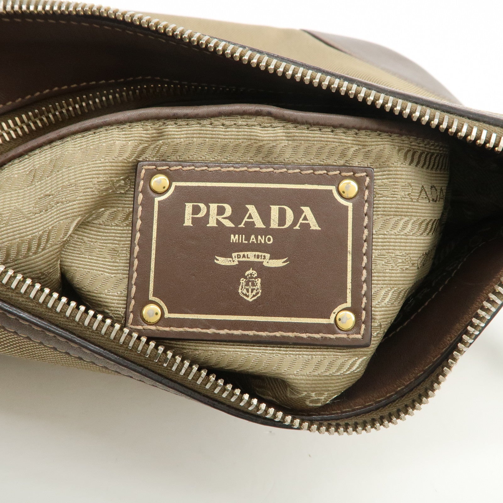 PRADA Logo Jacquard Leather Shoulder Bag Beige Brown BT867A