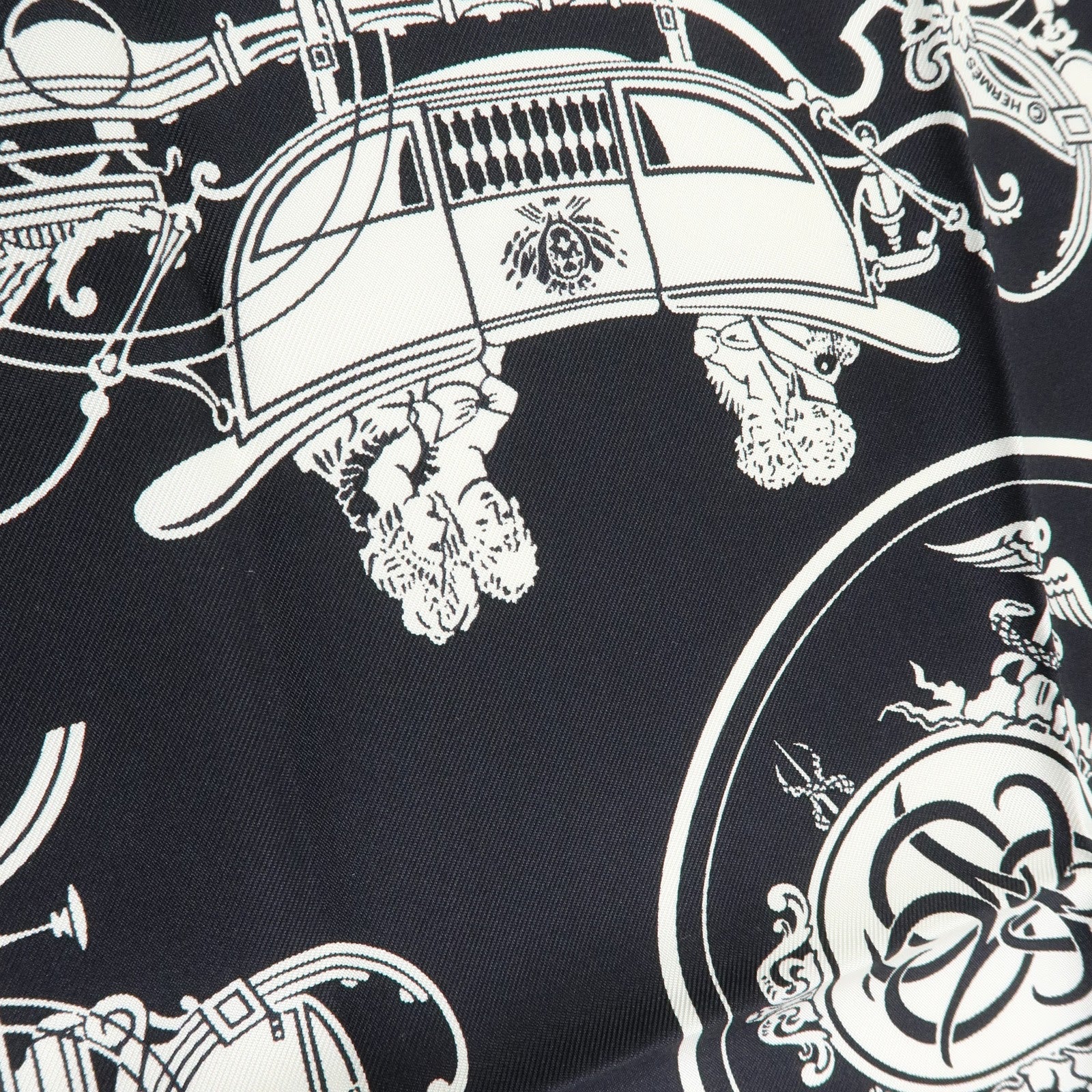 HERMES Carre 42 Silk 100% Ex-Libris Fringe Scarf Black Navy
