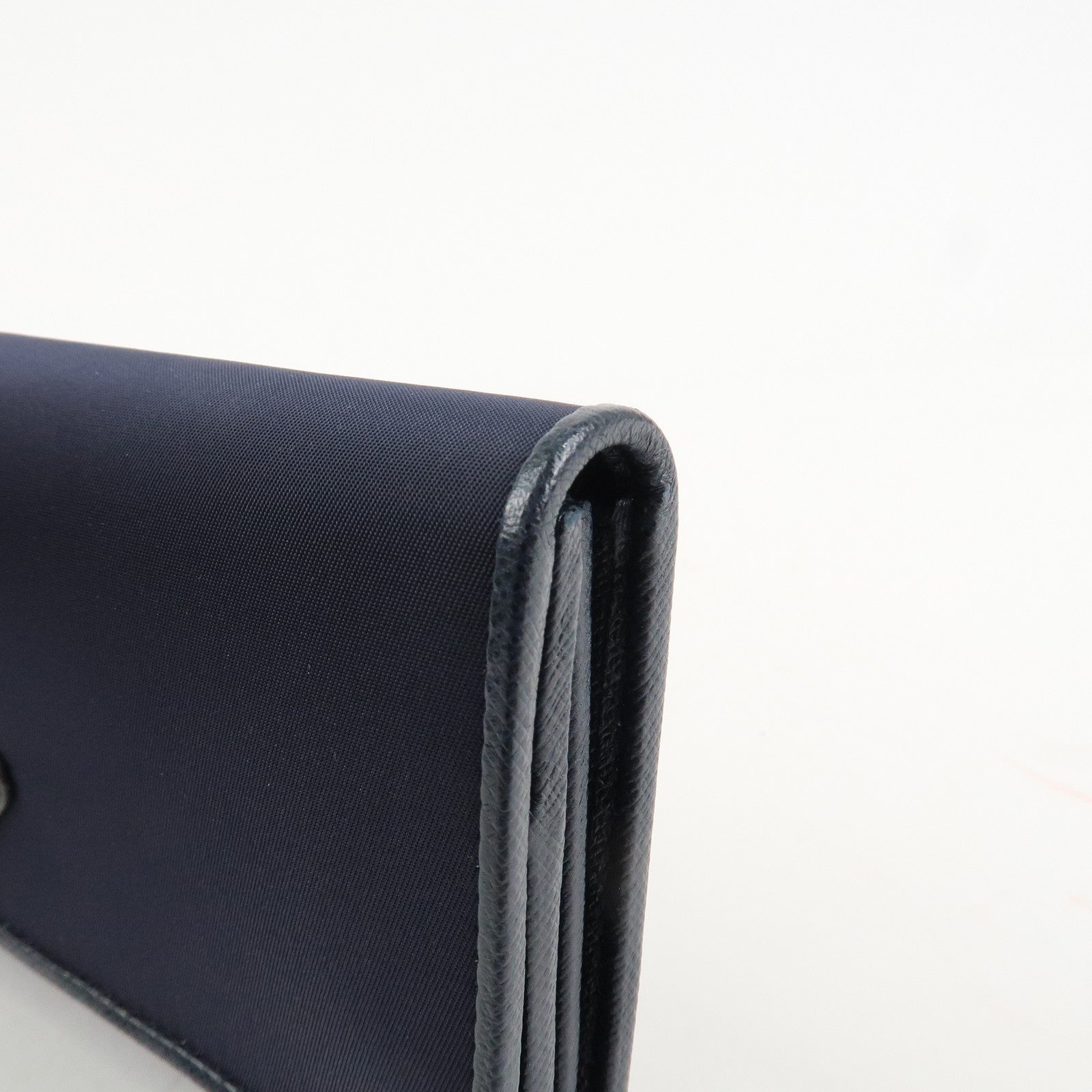PRADA Triangle Logo Nylon Leather Bi-fold Long Wallet Navy 1MH132 Used