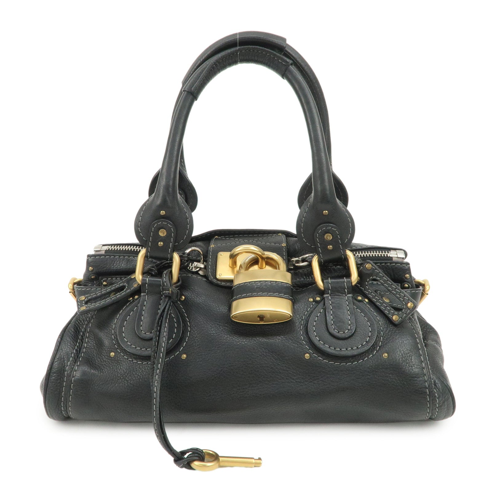 Chloe Paddington Leather Hand Bag Shoulder Bag Black Gold