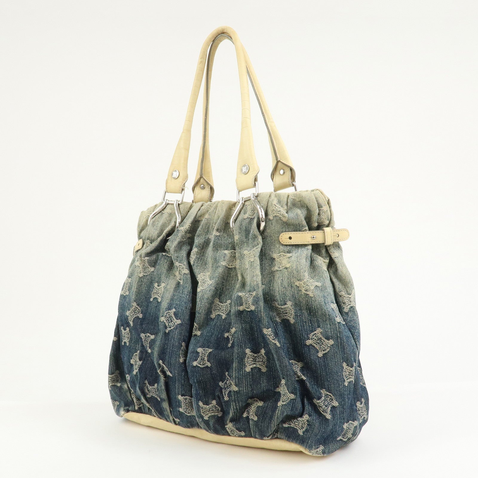 CELINE Macadam Denim Emboss Leather Tote Bag Hand Bag Blue Ivory