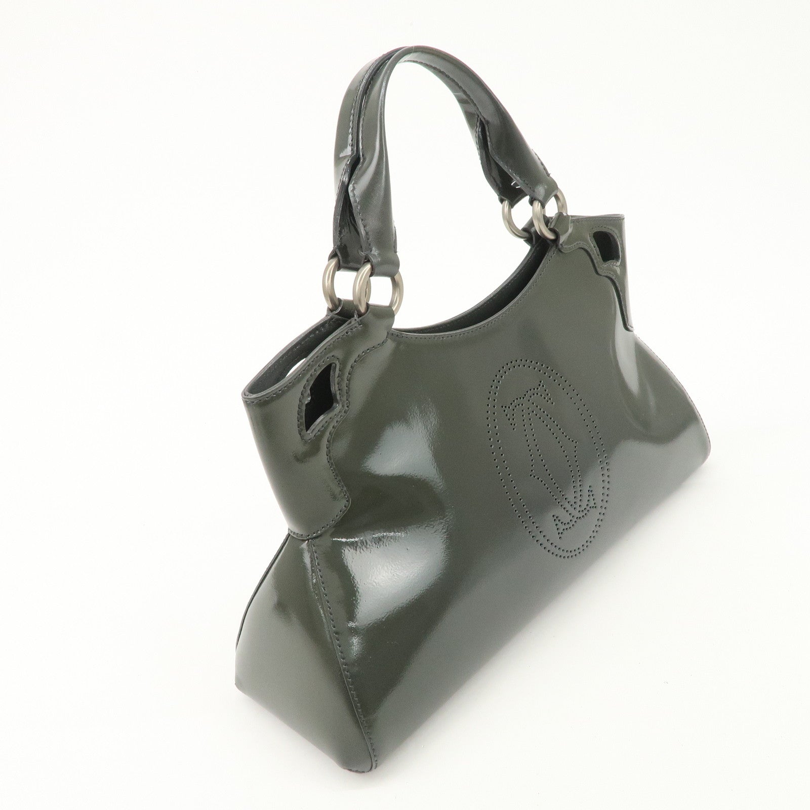 Cartier Marcello Patent Leather Tote Bag Hand Bag Khaki Used