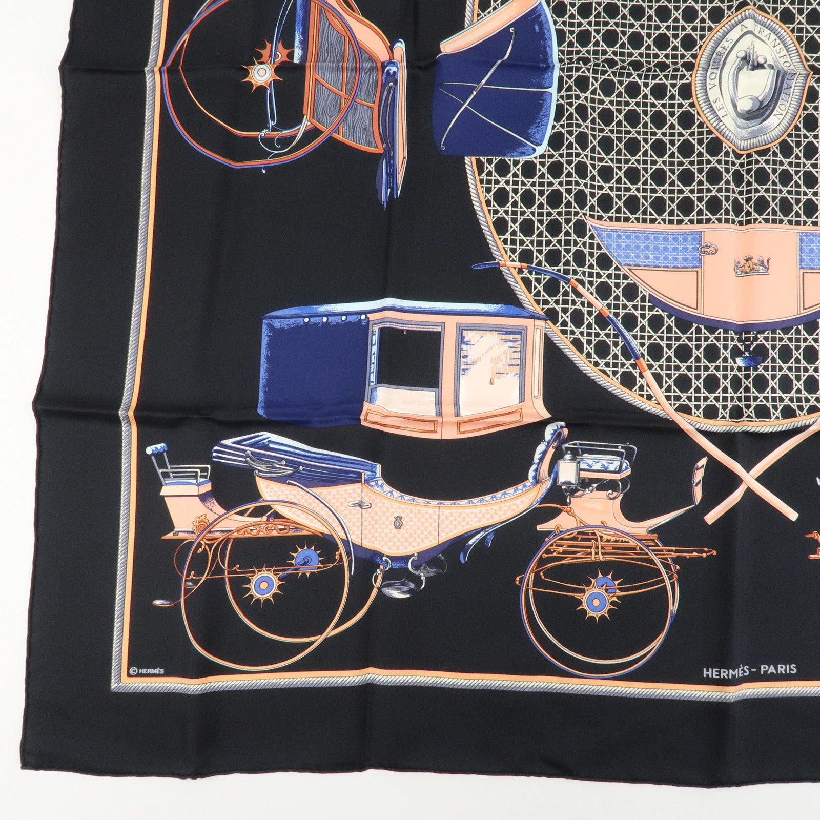 HERMES Carre 90 Silk 100% Scarf CAVALIERS FEULS Knight Print Navy Used