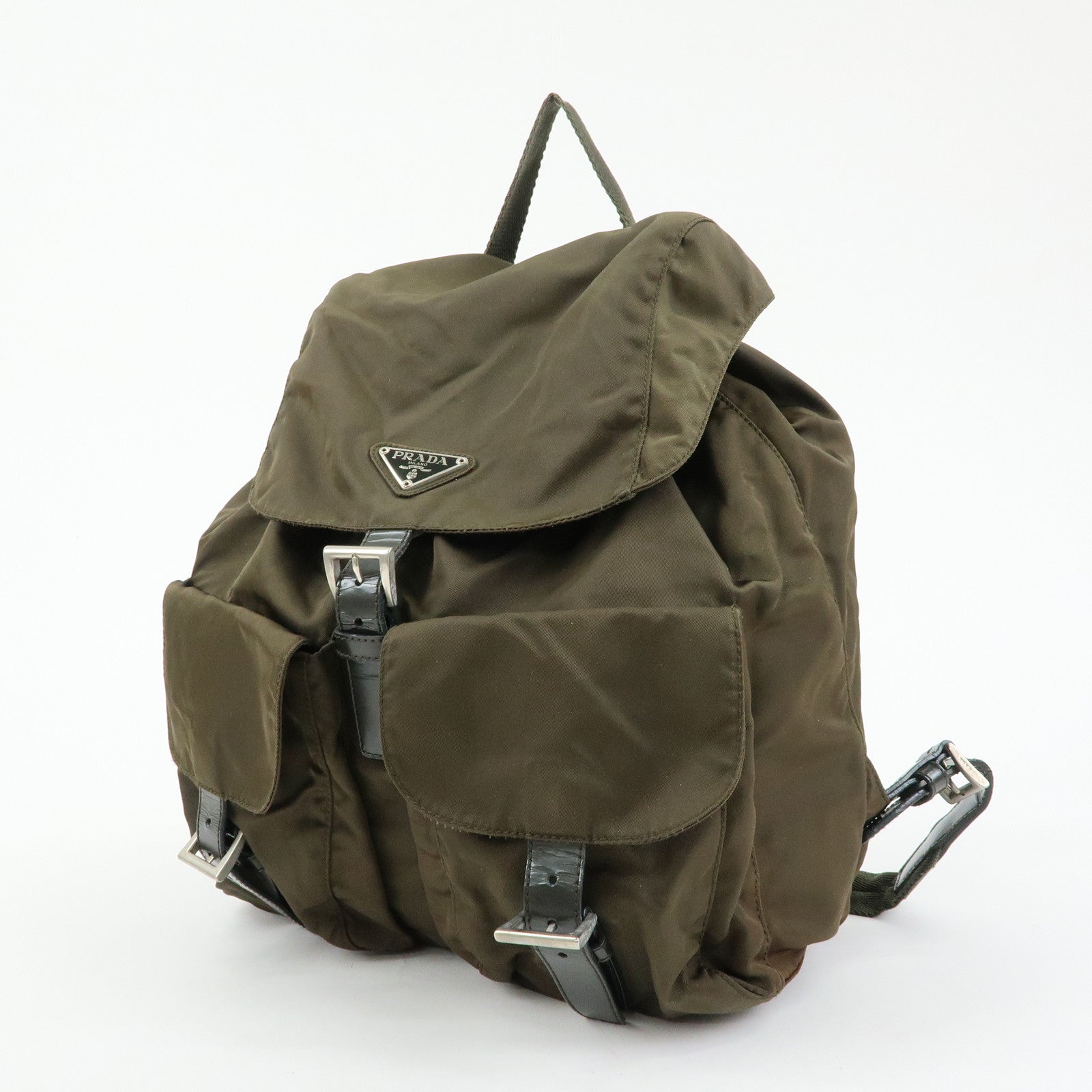 PRADA Triangle Logo Nylon Leather Backpack Rucksack Khaki B6677