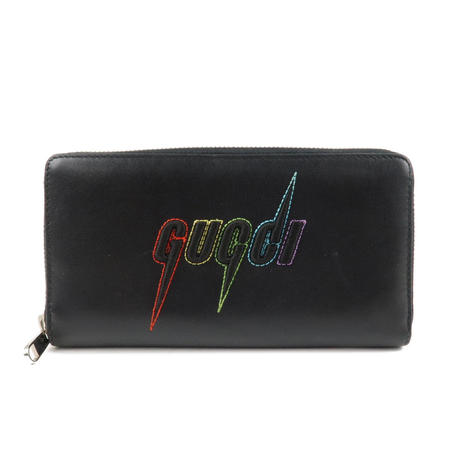 GUCCI Blade Embroidery Leather Zip Around Long Wallet Black Used