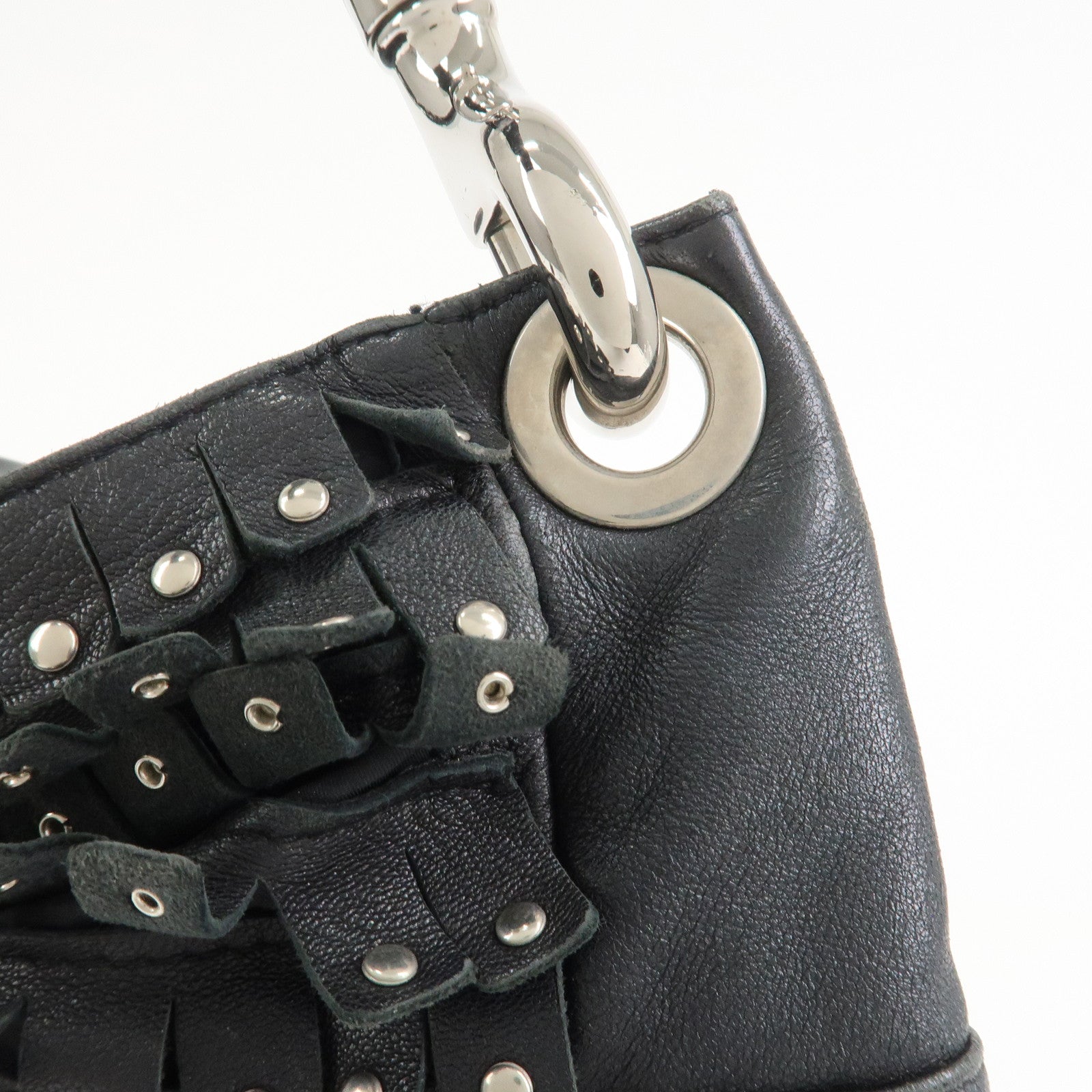 JIMMY CHOO Studs Leather Shoulder Bag Hand Bag Black