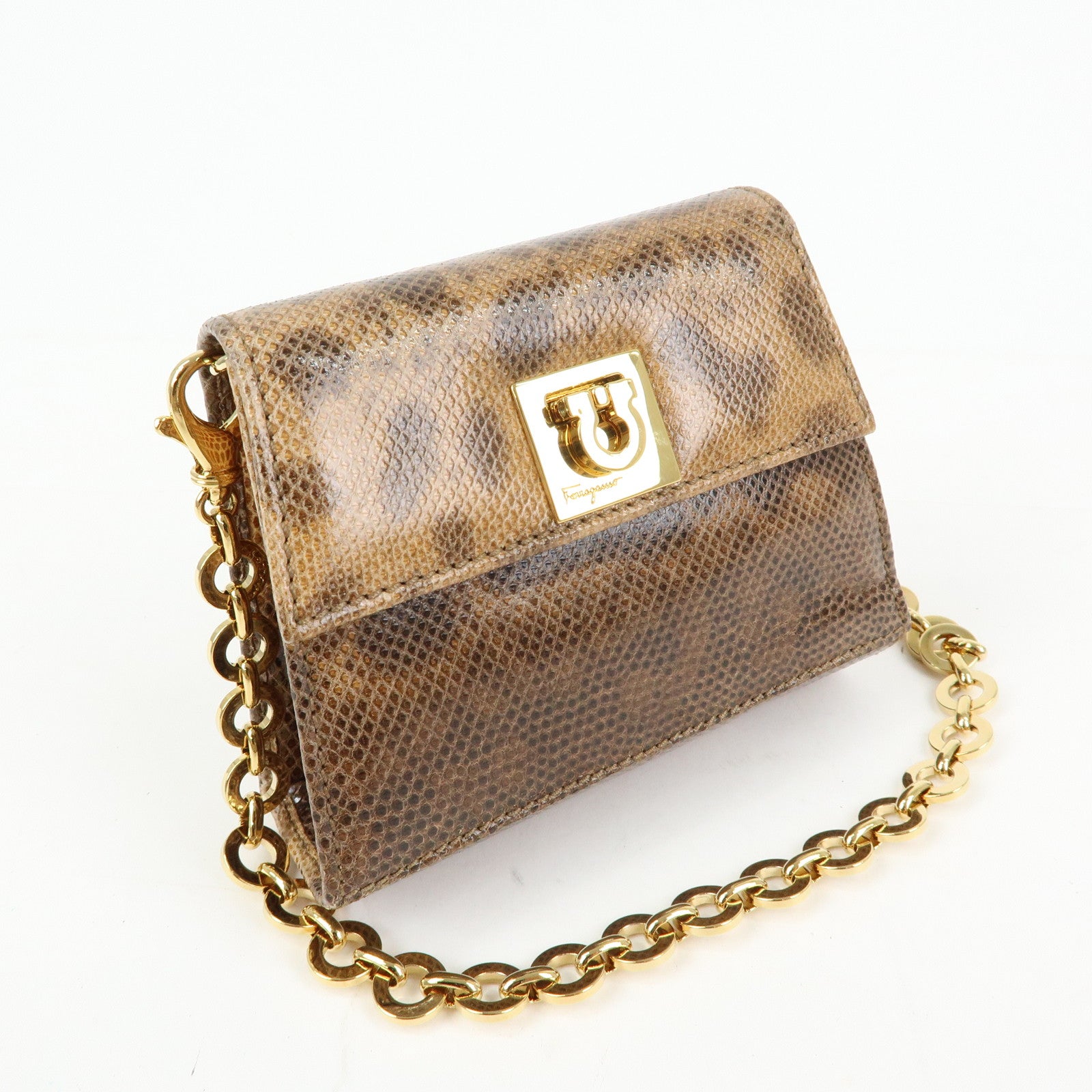 Ferragamo Gancini Embossed Leather 2Way Mini Shoulder Bag Brown