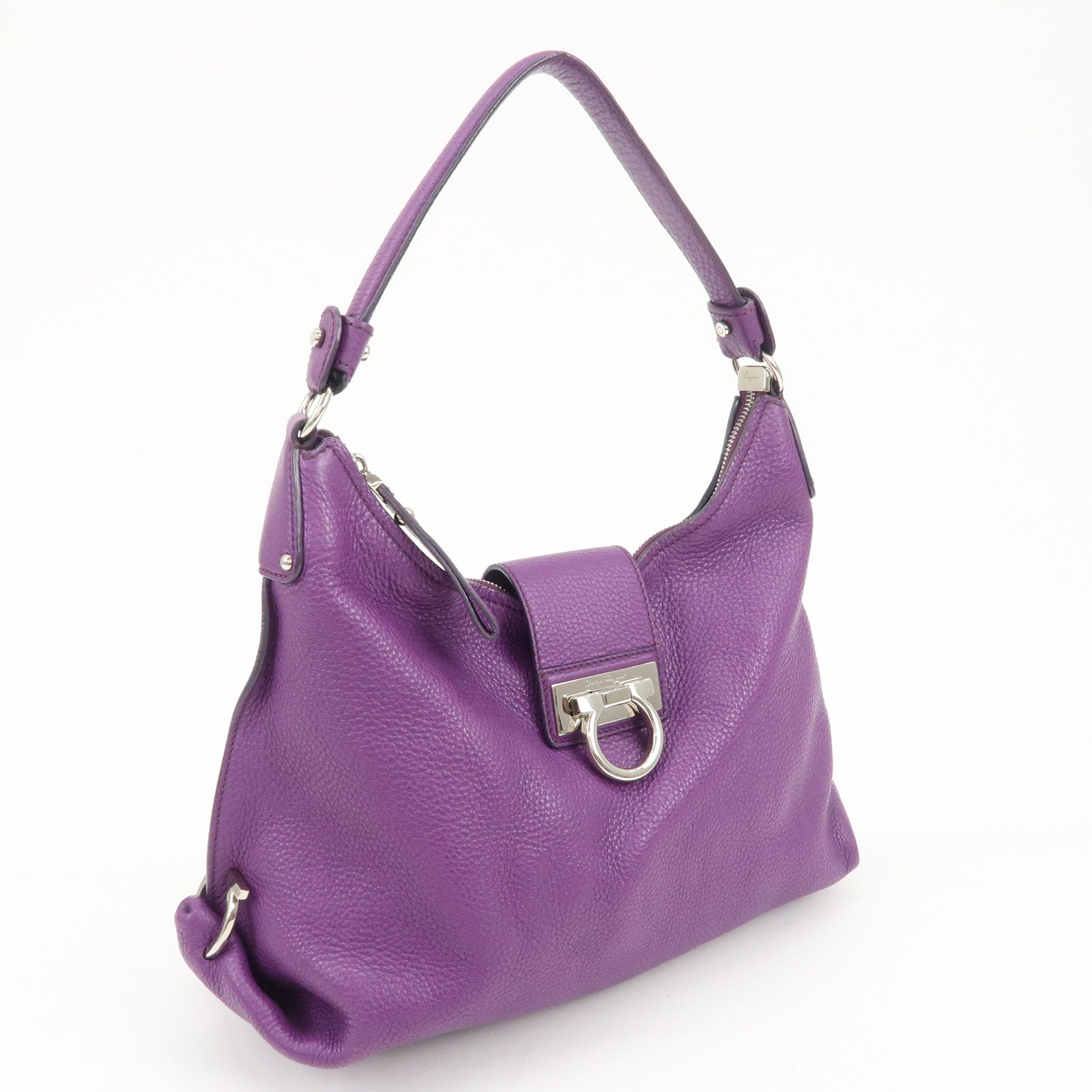 Ferragamo Gancini Logo Leather Shoulder Bag Hand Bag Purple