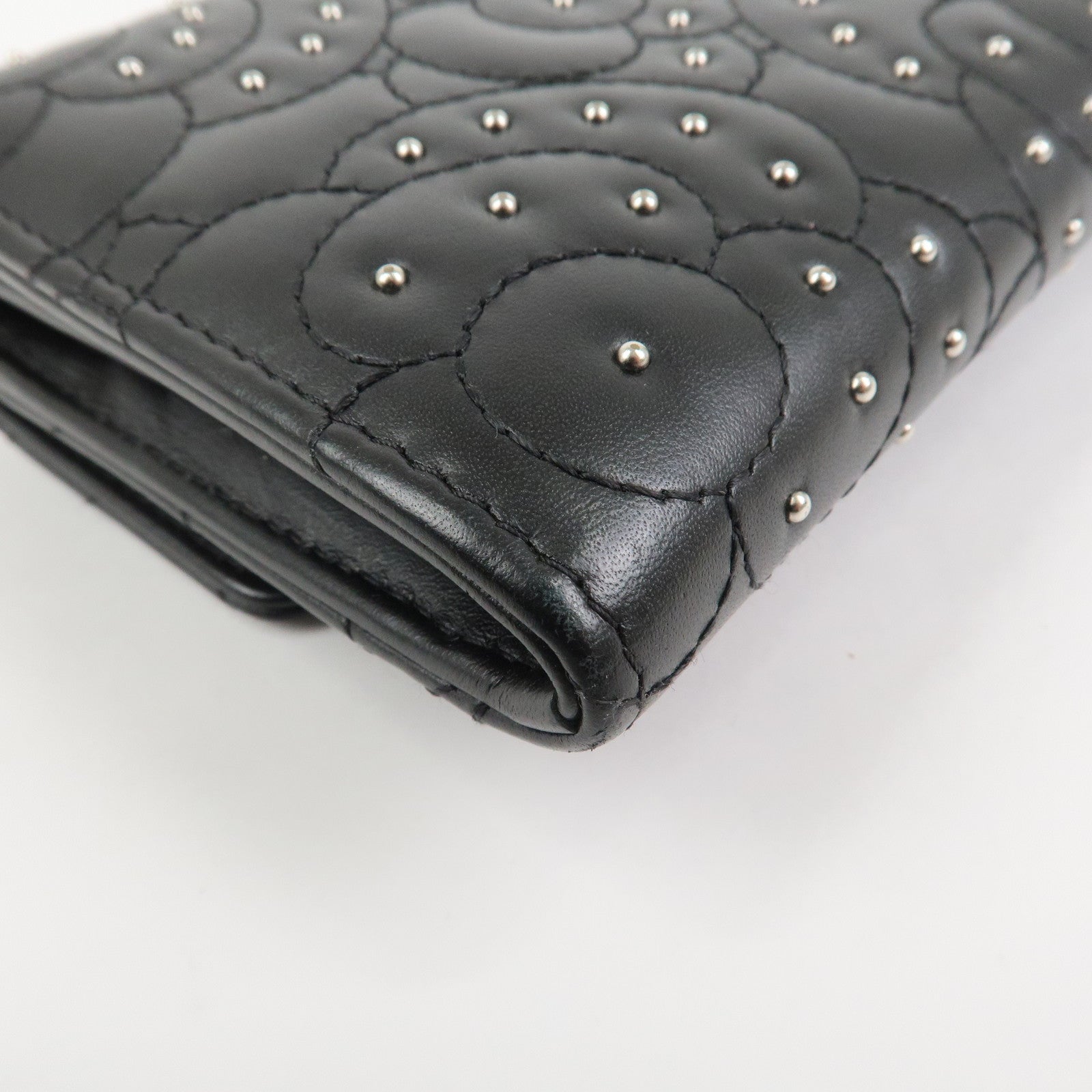 CHANEL Camellia Leather Long Wallet Black Silver Studs A82283