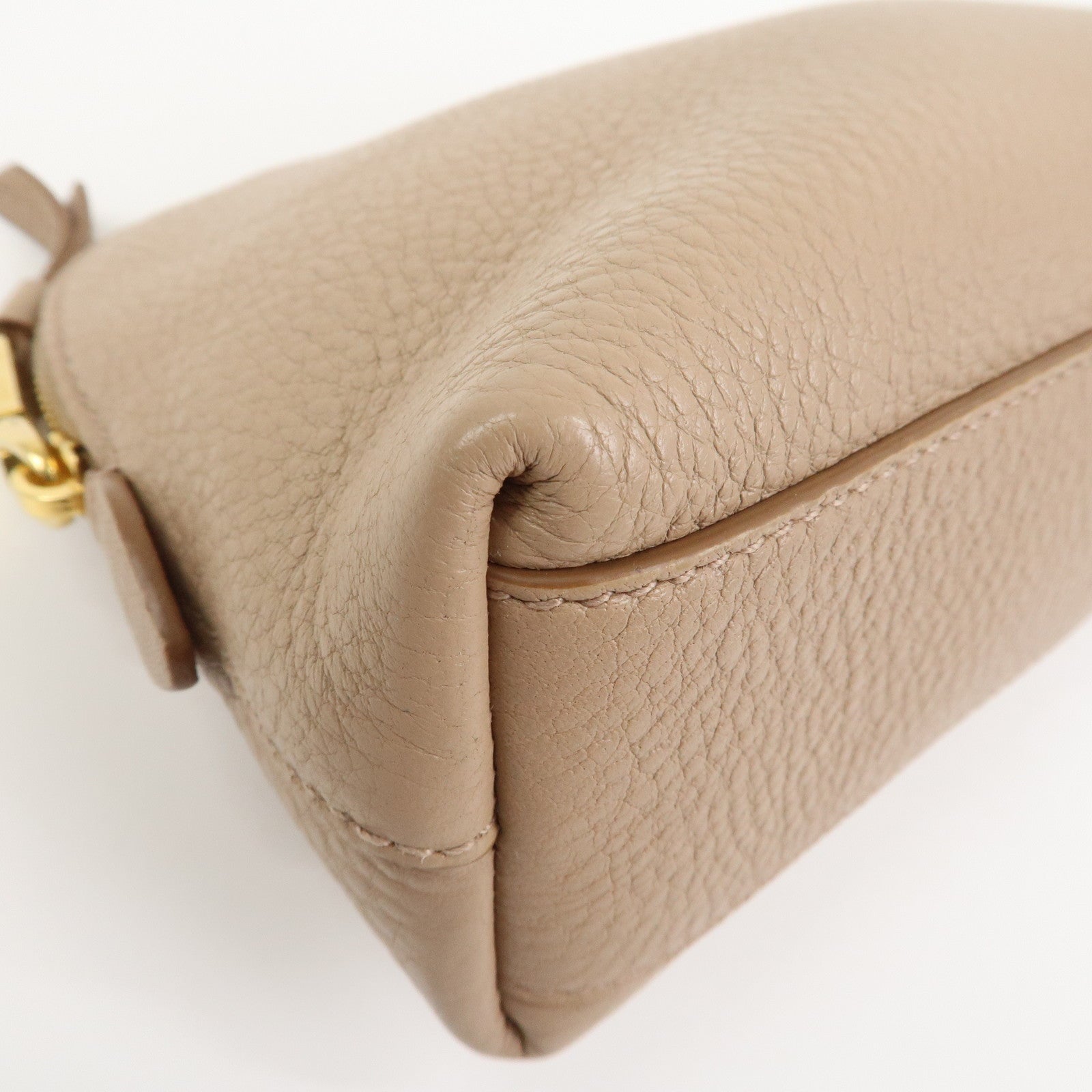 PRADA Logo Leather Cosmetic Pouch Clutch Beige 1ND005