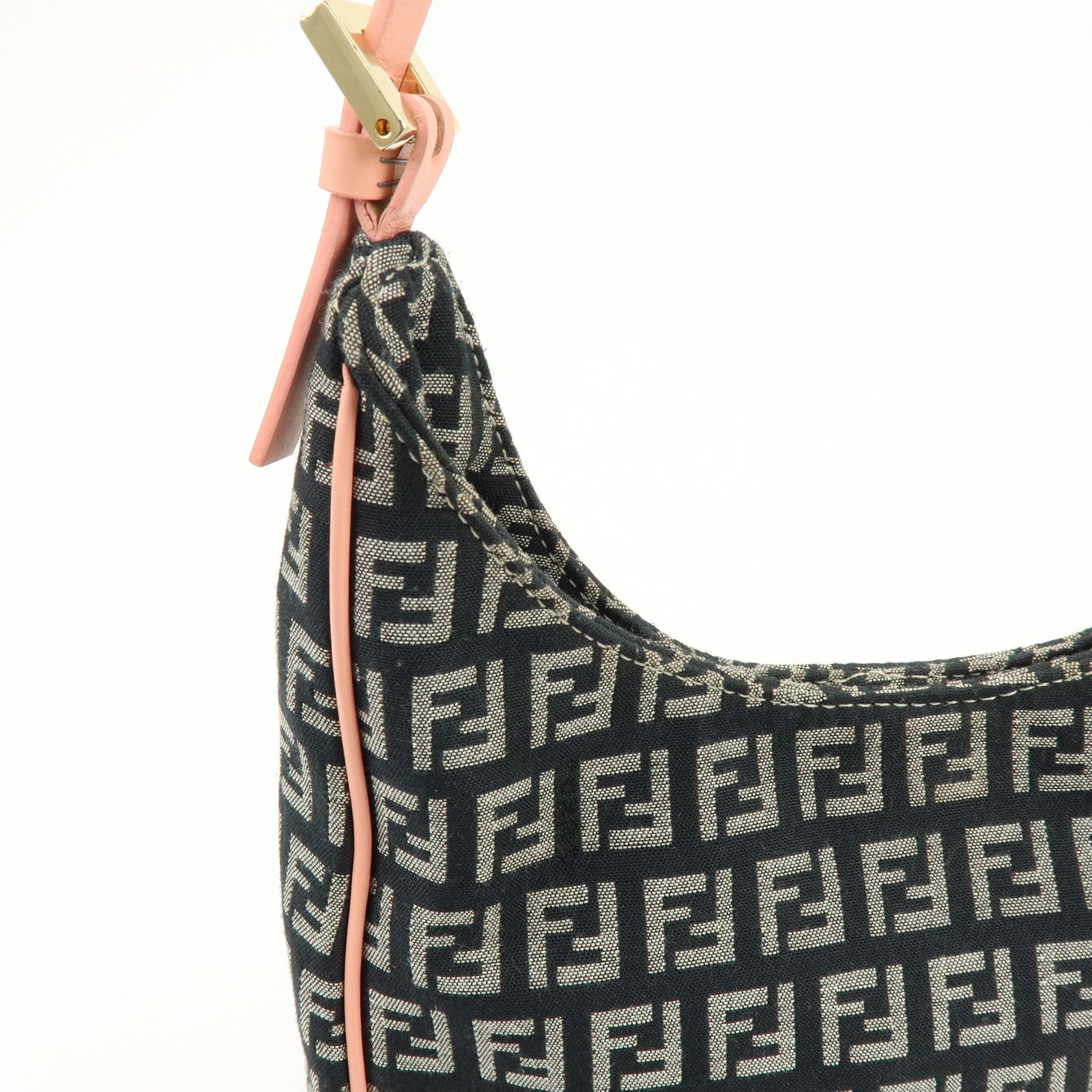 FENDI Zucchino Canvas Leather Hand Shoulder Bag Navy Pink 8BR158