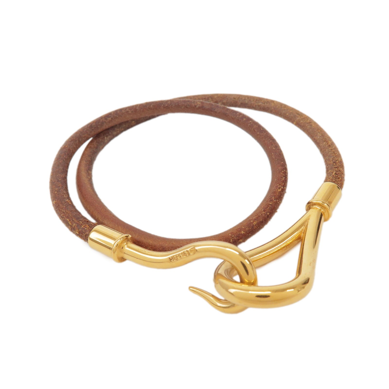 HERMES Jumbo Choker Leather Metal Bracelet Brown Gold
