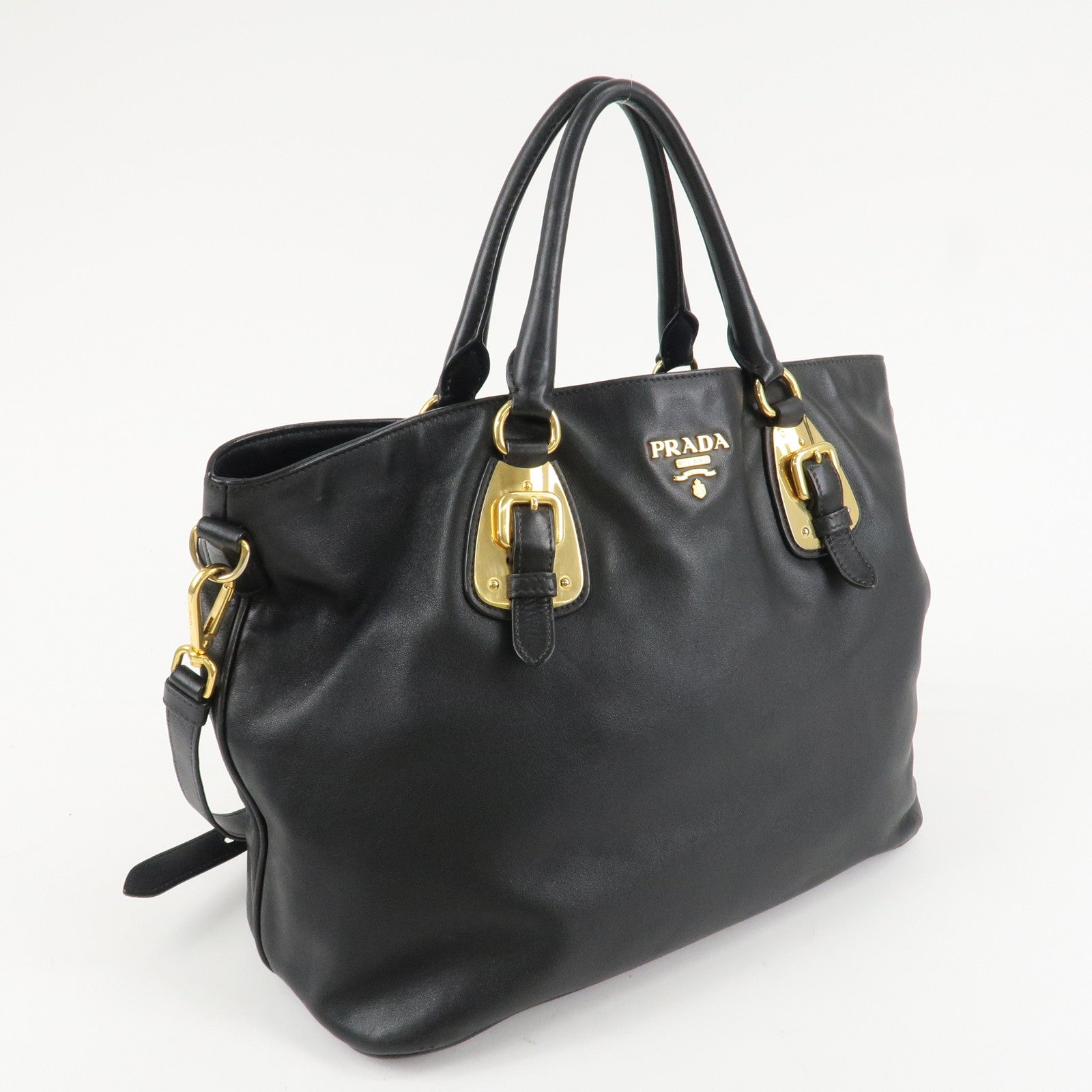 PRADA Logo Calf Leather 2Way Tote Bag Hand Bag Black Gold HDW BN1902 Used