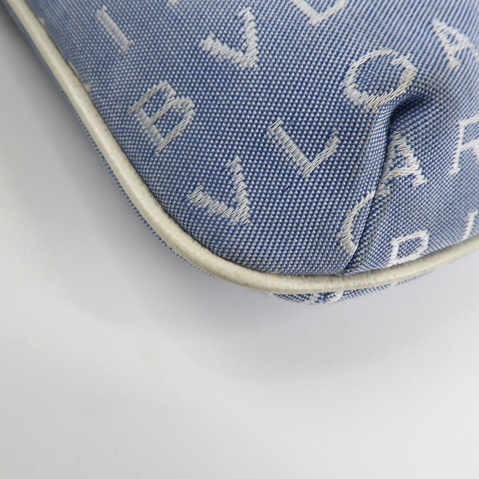 BVLGARI Logo Mania Leather Canvas Shoulder Bag Ivory Light Blue Used