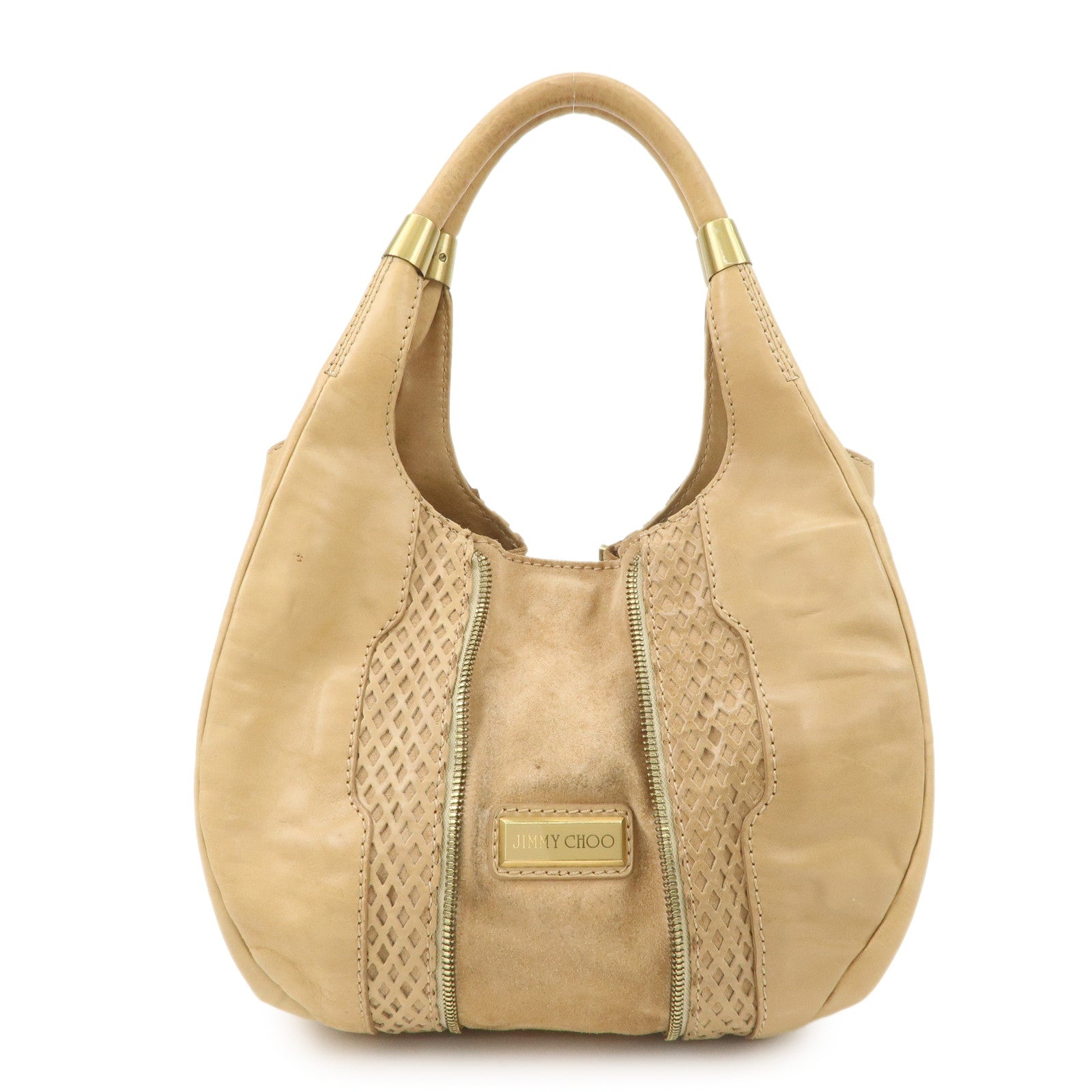 JIMMY CHOO Leather Shoulder Bag Hand Bag Beige Gold Hardware