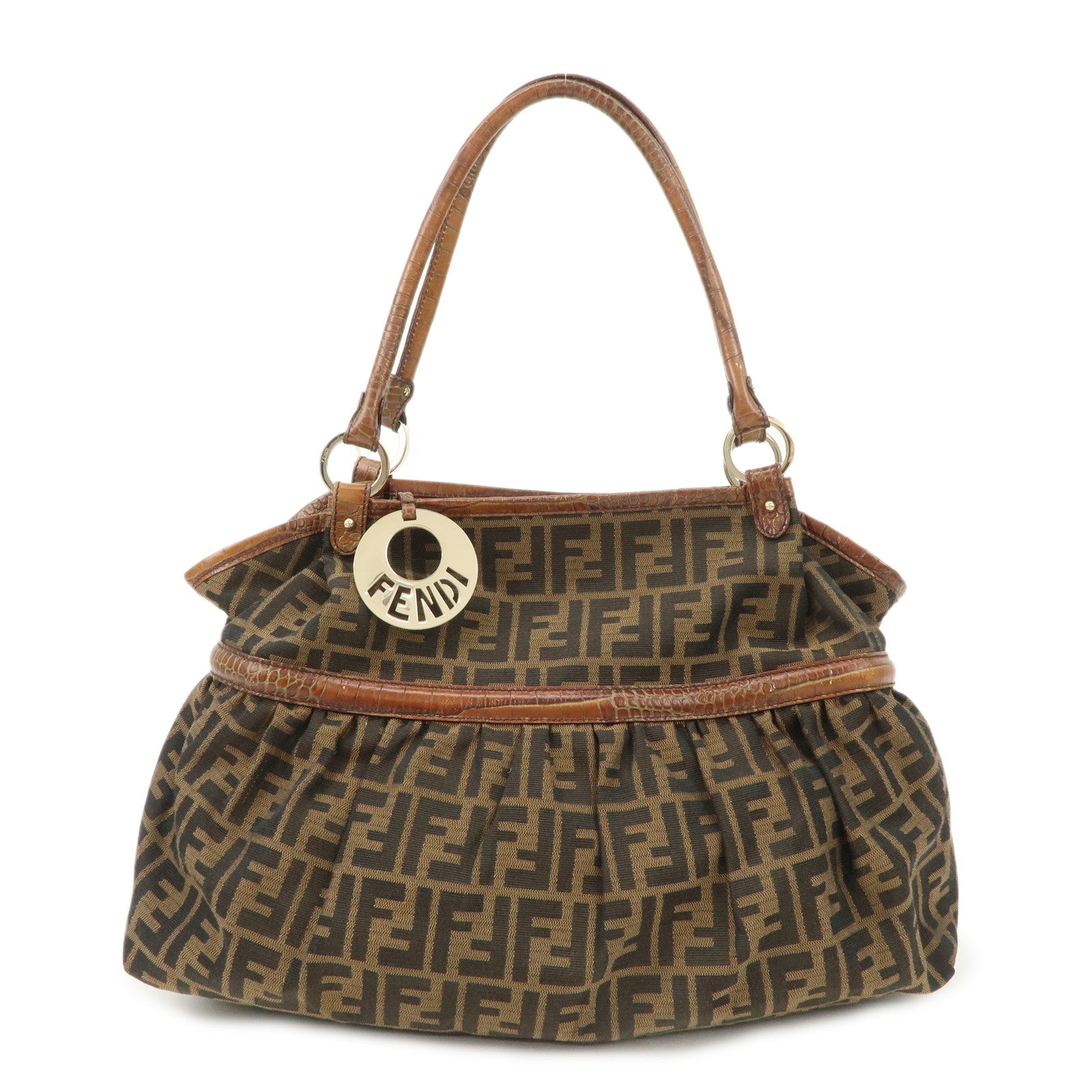 FENDI Zucca Gathered Canvas Leather Shoulder Bag Tote Bag 8BH186