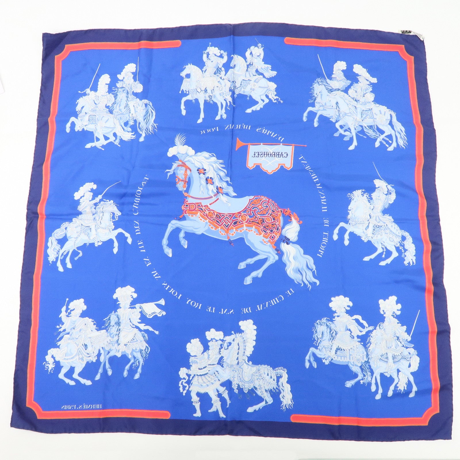 HERMES Carre 90 Silk 100% Scarf CARROUSEL Blue Red Used