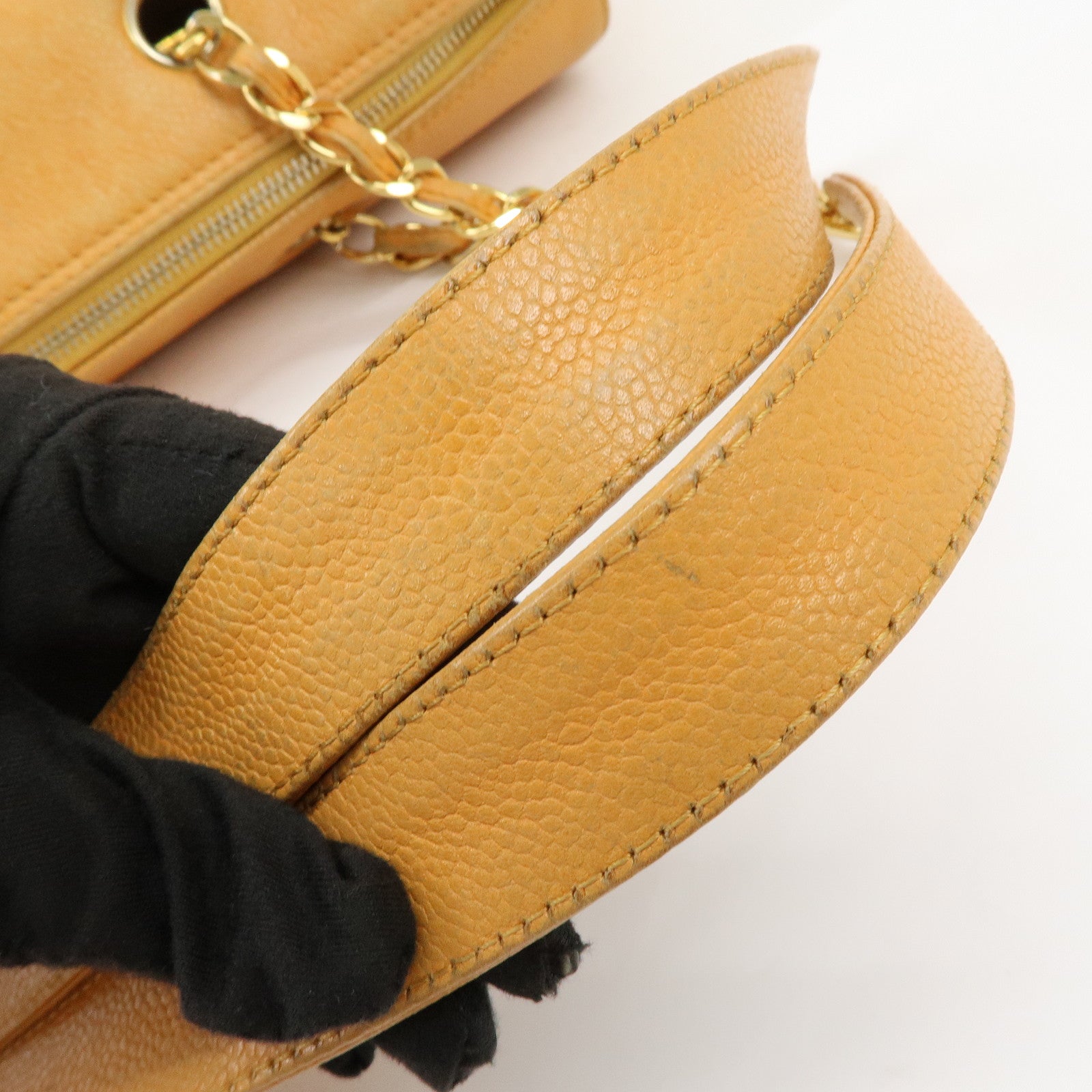 CHANEL COCO Mark Caviarskin Chain Shoulder Bag Boston Bag Yellow