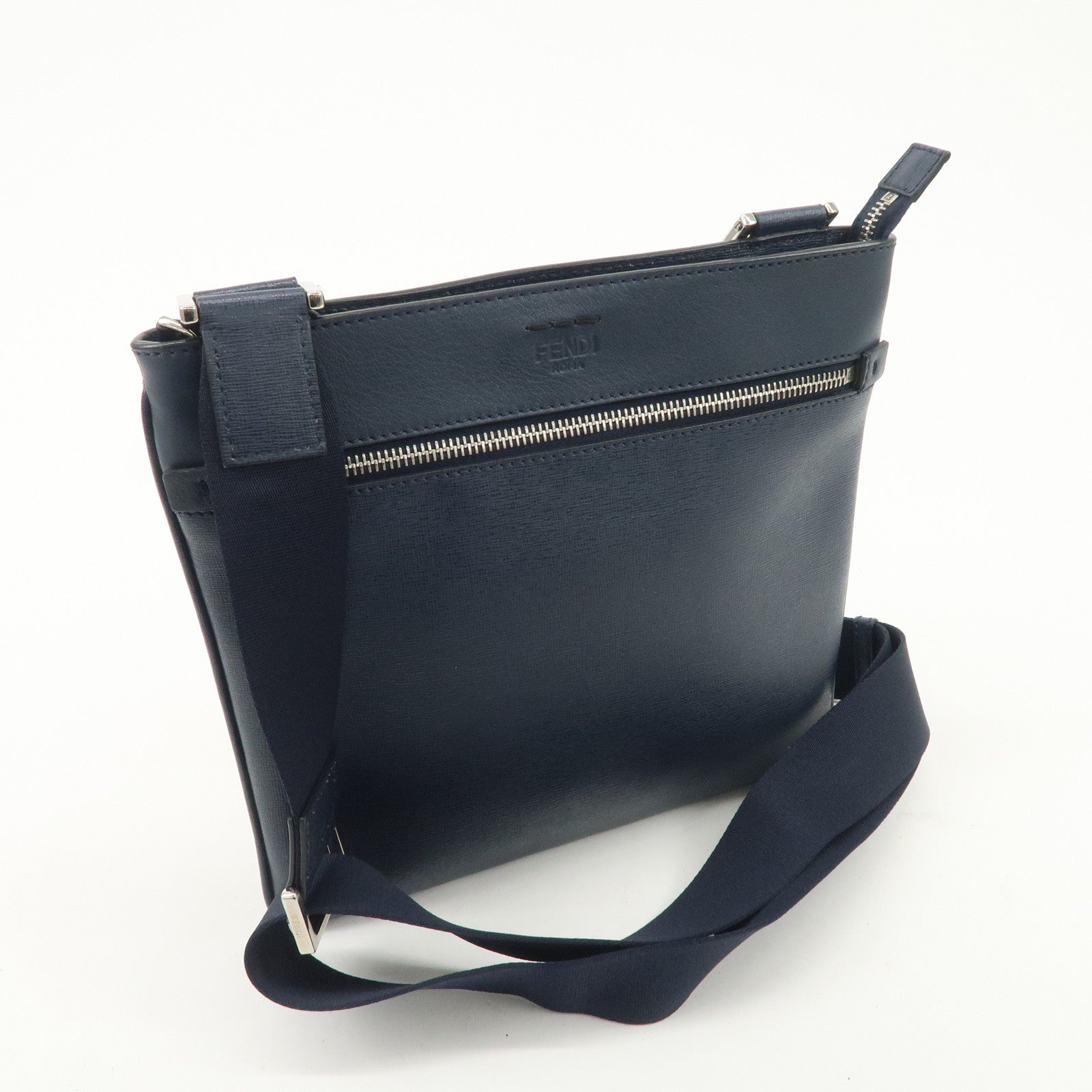 FENDI Logo Leather Shoulder Bag Crossbody Bag Navy 7VA357 Used