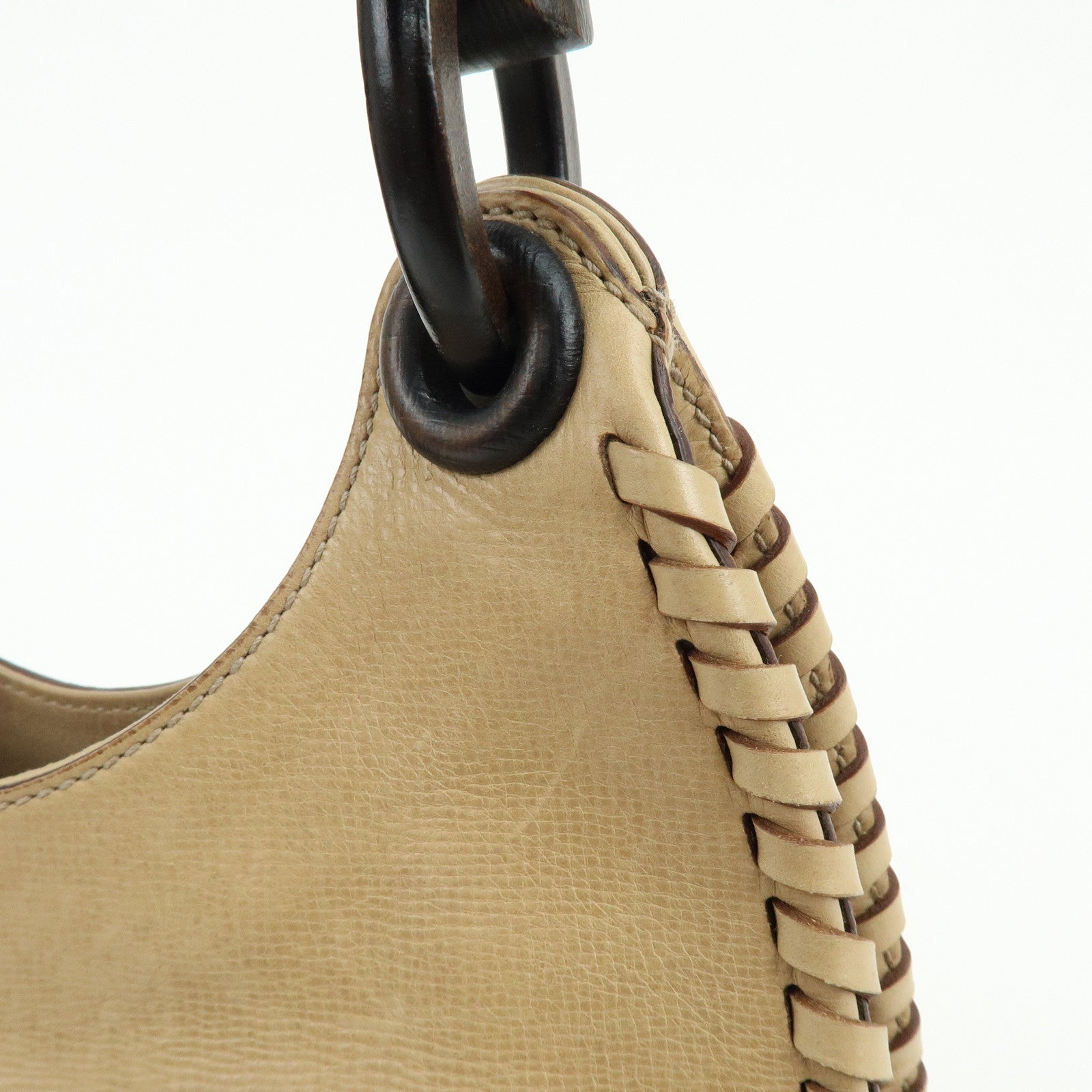 GUCCI Leather Wood Hand Bag Shoulder Bag Beige 106237