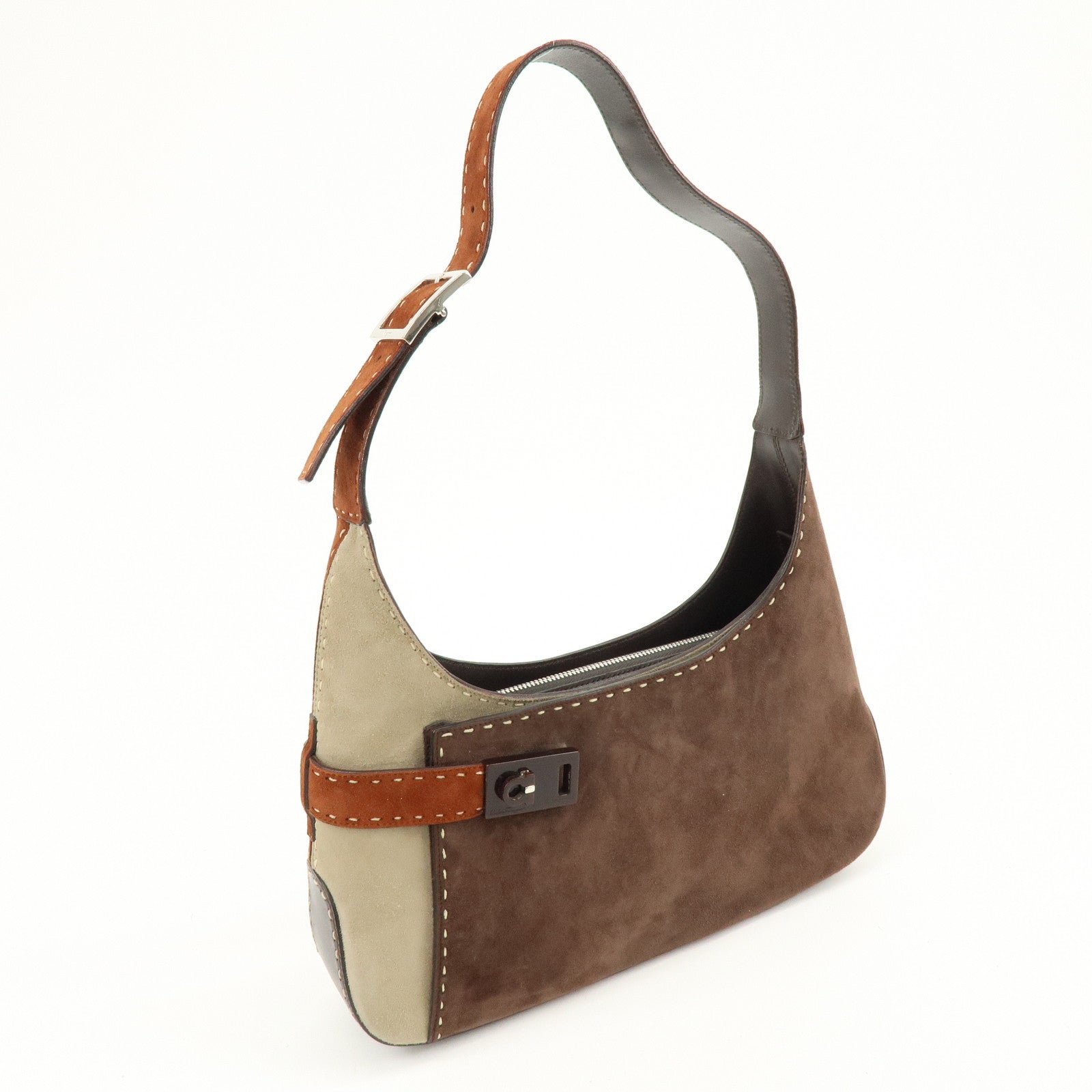 Ferragamo Gancini Suede Shoulder Bag Hand Bag Brown
