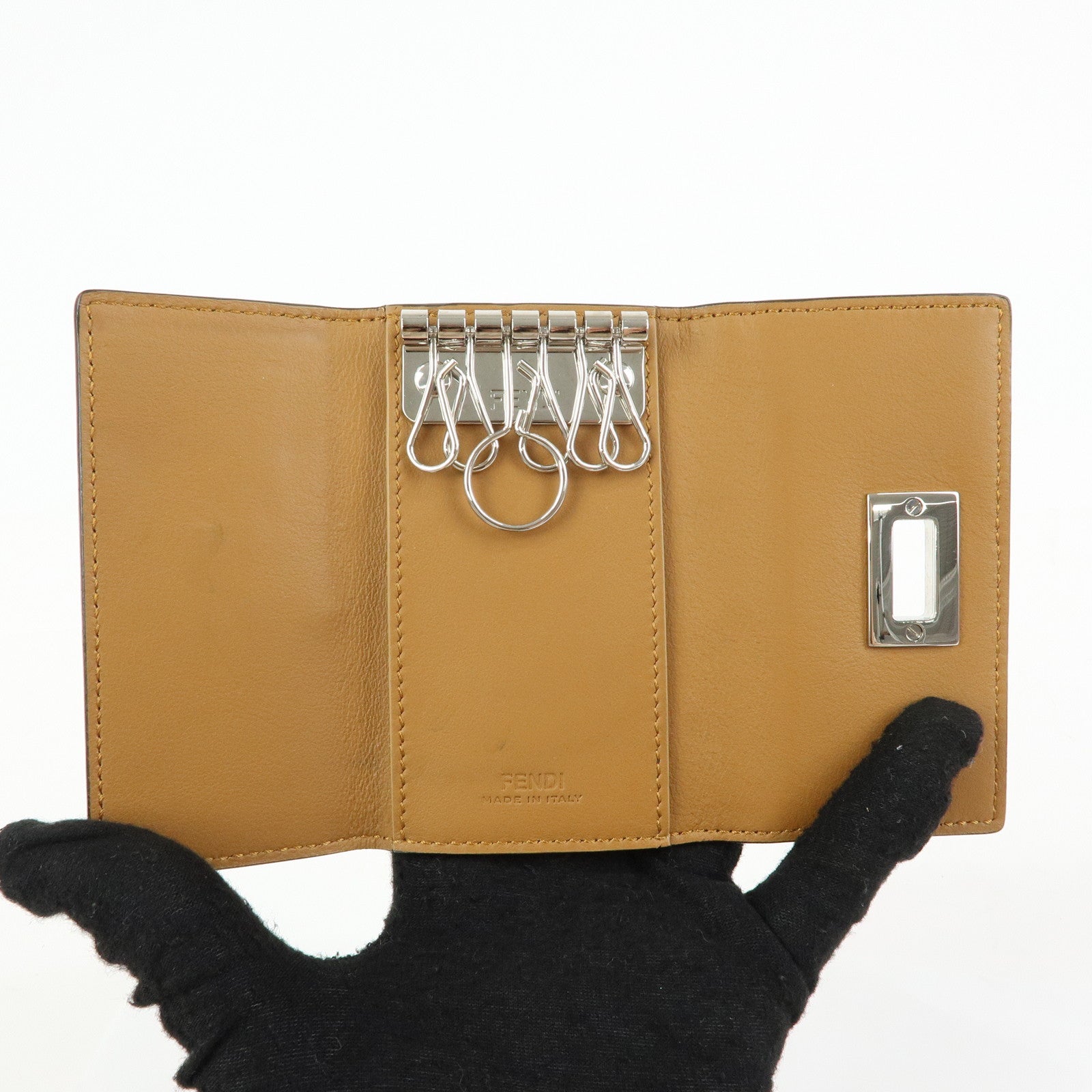 FENDI Peekaboo Leather Key Case Key Holder Brown 8AP159