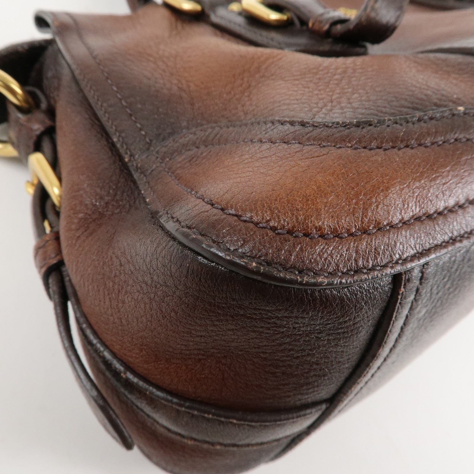 PRADA Logo Leather 2WAY Tote Bag Hand Bag Brown Gold Hardware Used