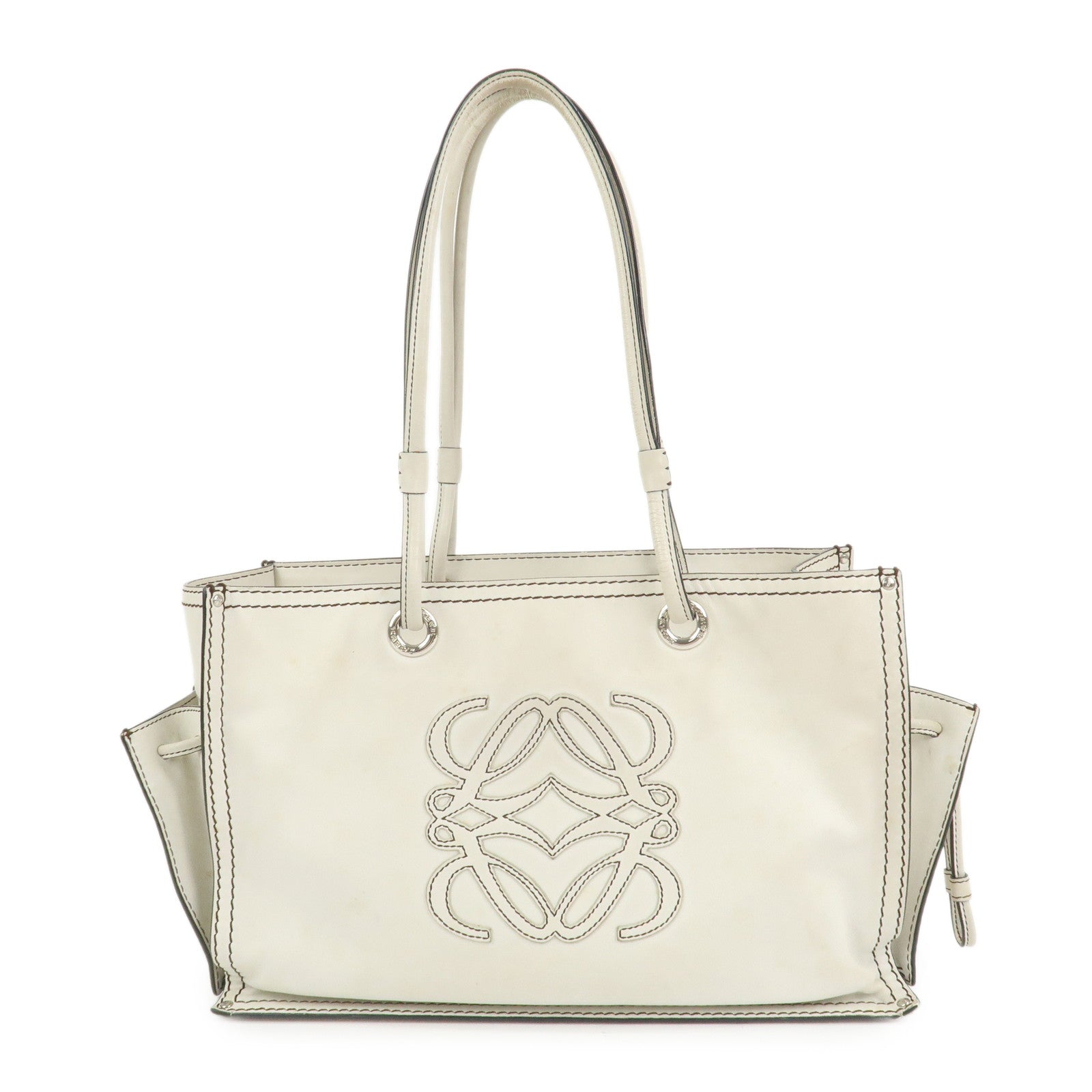 LOEWE Anagram Leather Shopper Tote Bag Shoulder Bag Hand Bag Ivory