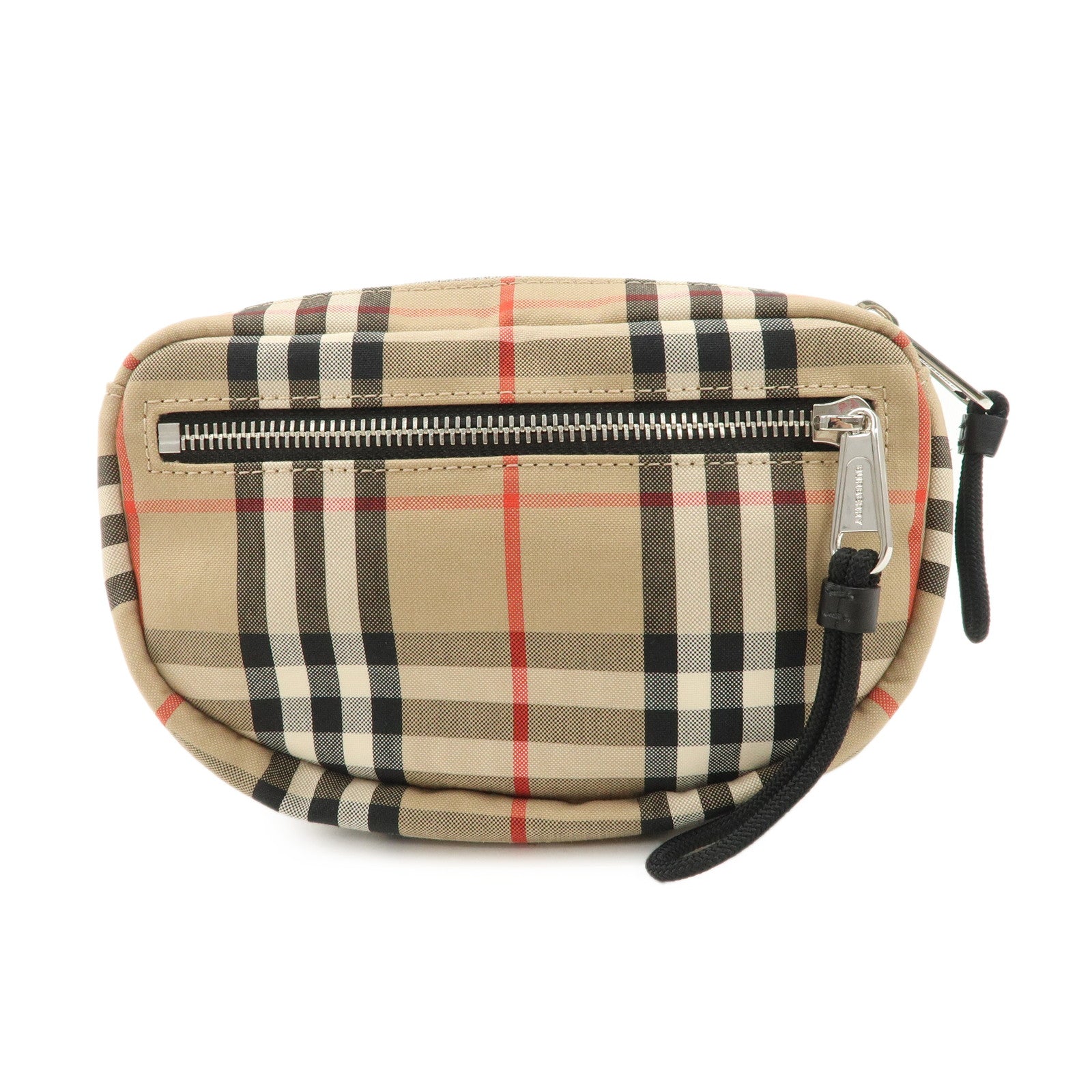 BURBERRY Leather Canvas Waist Bag Nova Plaid Beige Black Used