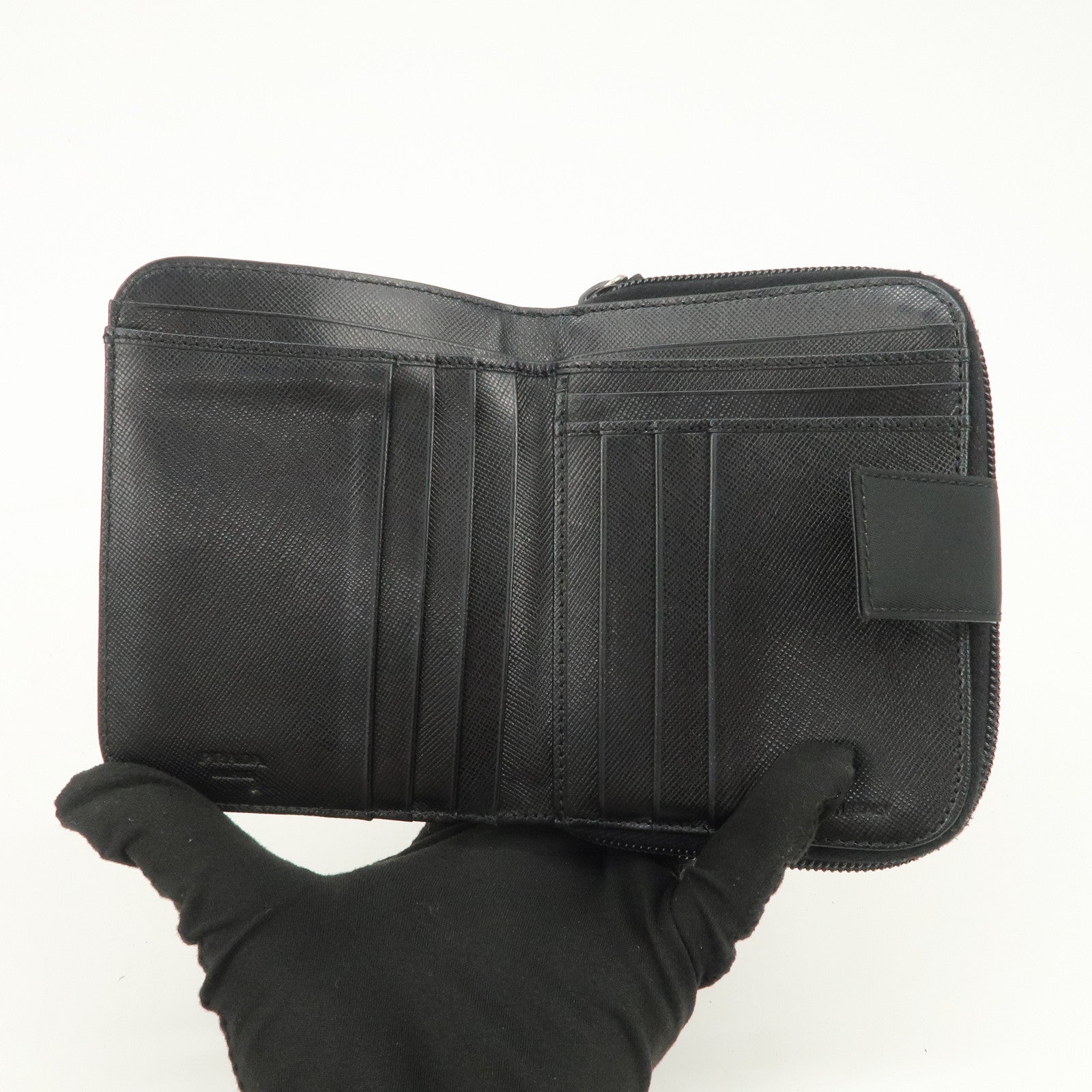 PRADA Tessuto Nylon Bi-fold Round Zippy Compact Wallet Black M605