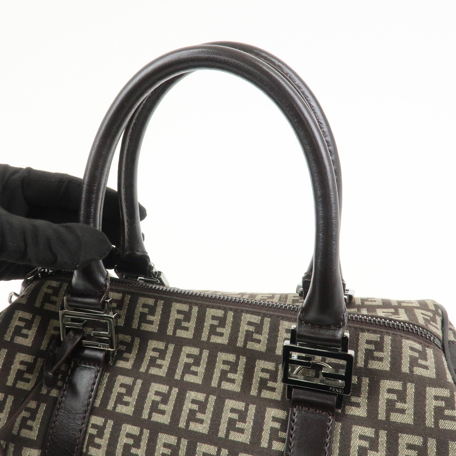 FENDI Zucchino Canvas Leather Hand Bag Boston Bag Brown 8BL068