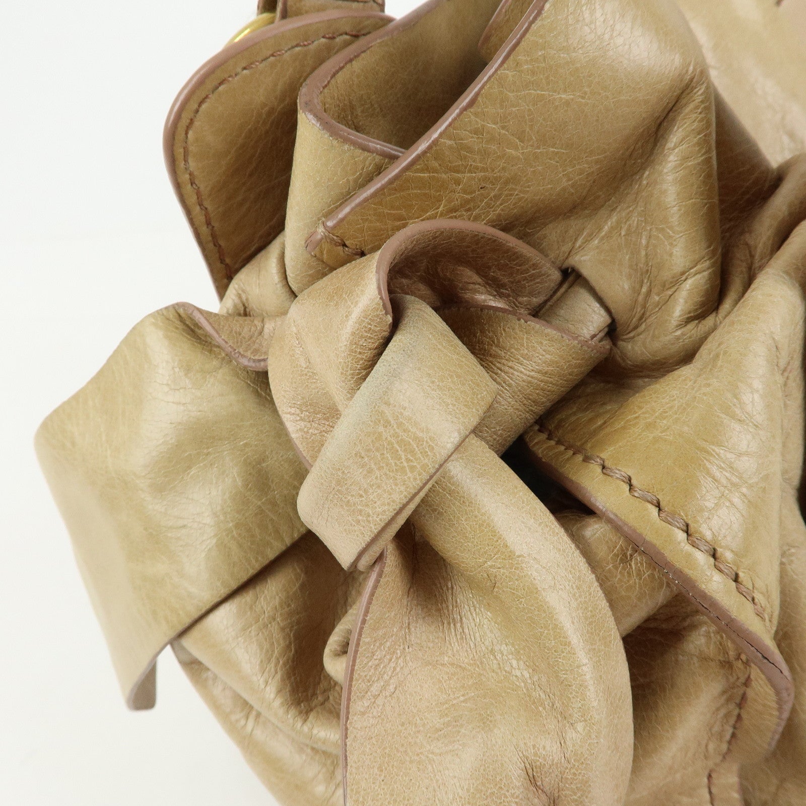 MIU MIU Logo Side Ribbon Leather Shoulder Bag Tote Bag Beige