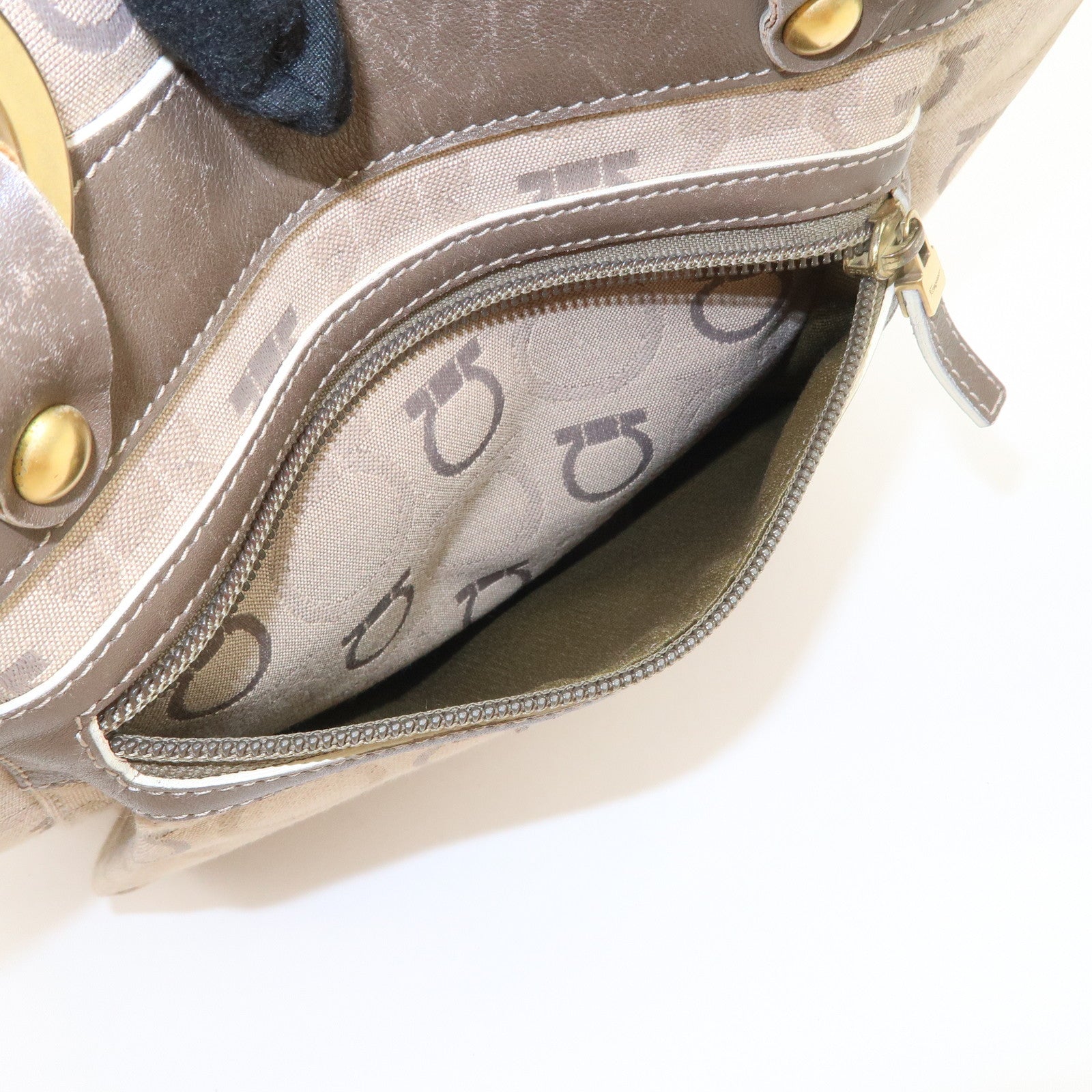 Ferragamo Gancini Canvas Leather Shoulder Bag Tote Bag Brown