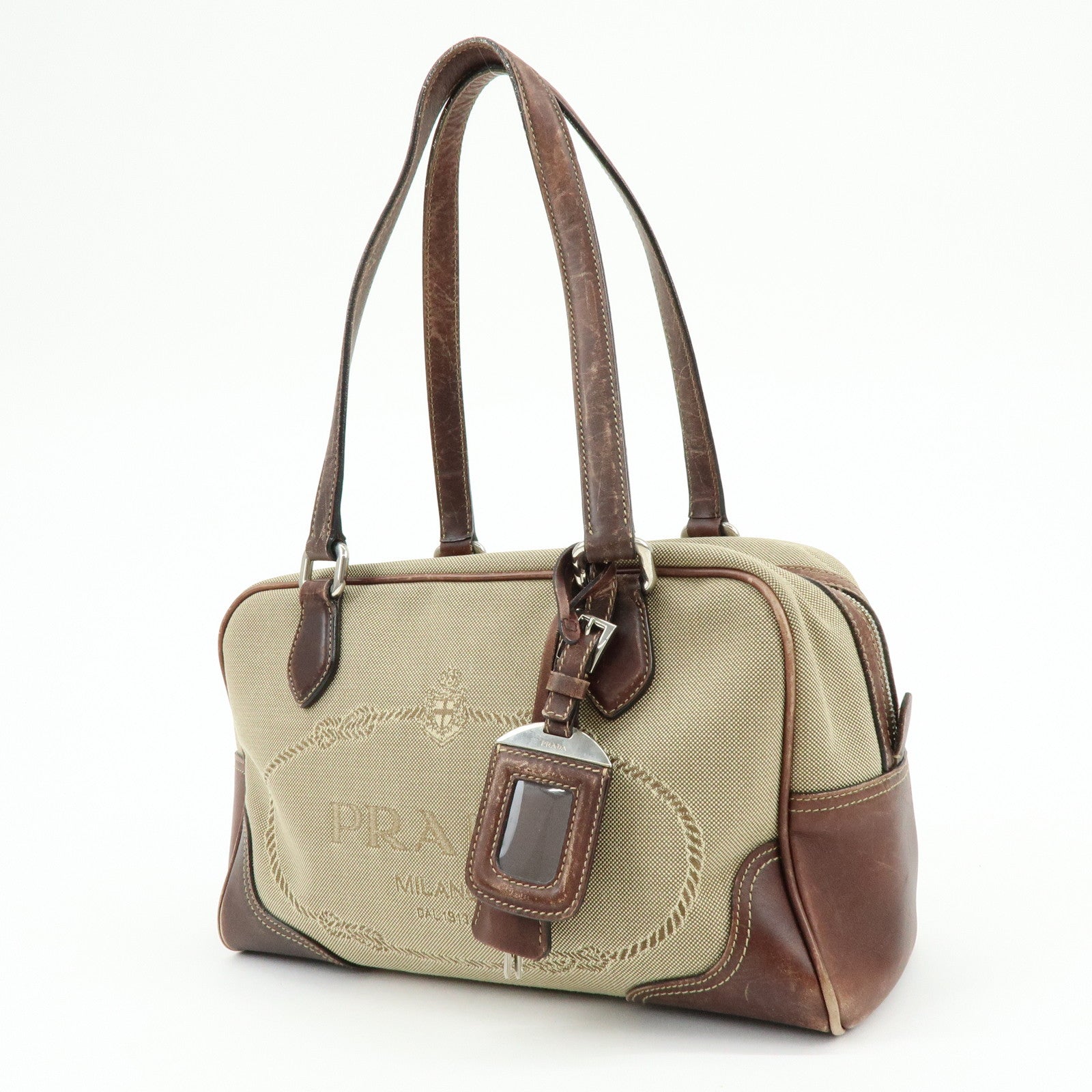 PRADA Leather Logo Jacquard Tote Bag Hand Bag Beige Brown