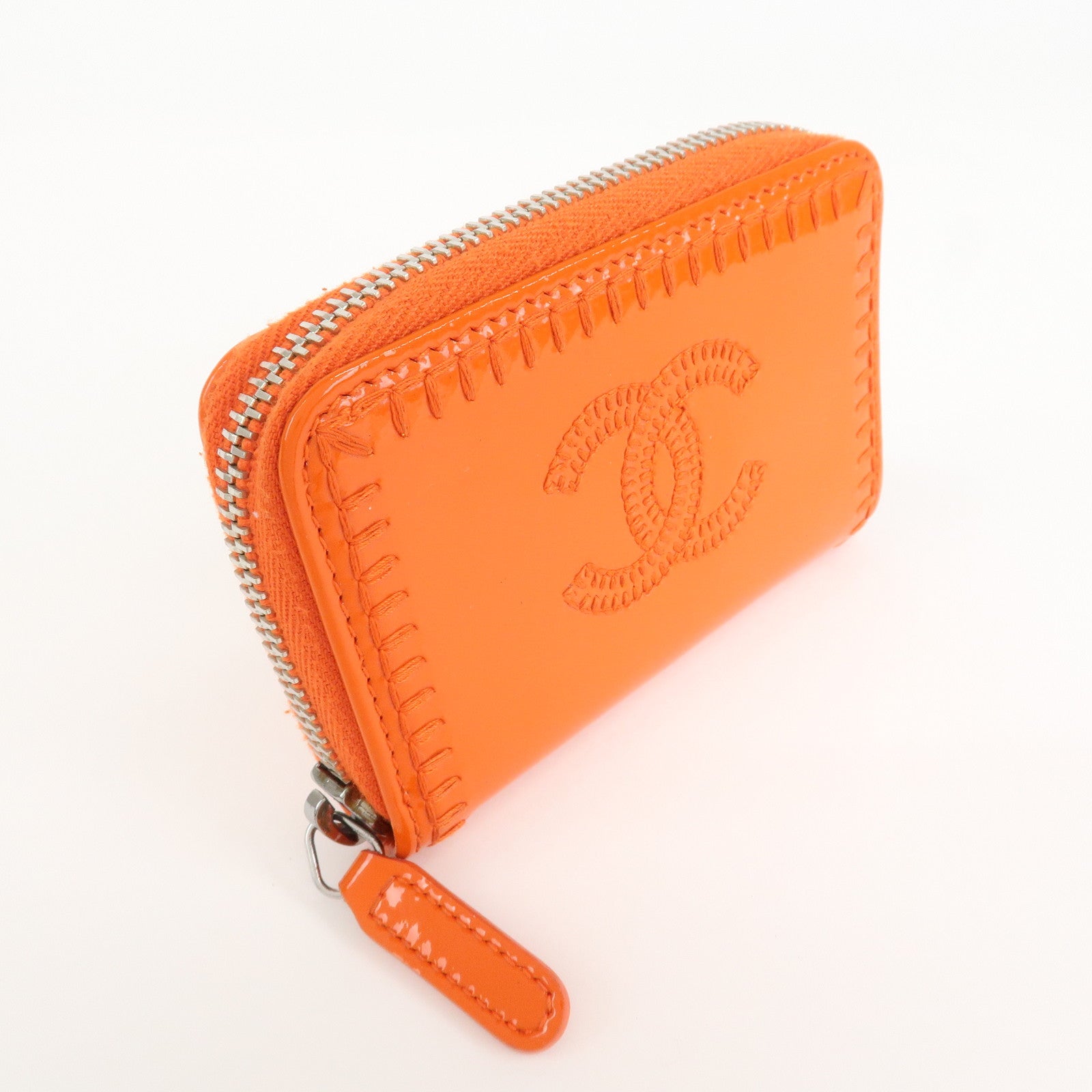 CHANEL COCO Mark Enamel Leather Round Zippy Coin Case Orange A68890 Used