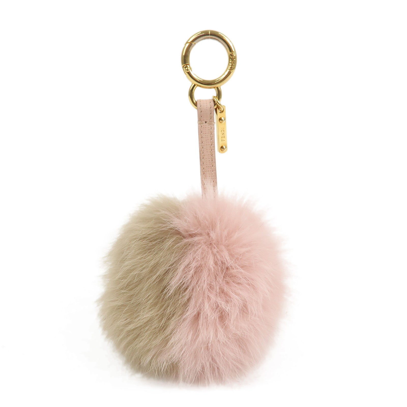 FENDI Pompom Fur Bag Charm Key Ring Brown Pink A7R259