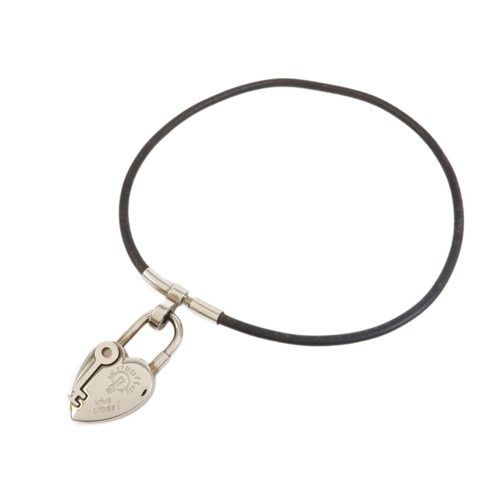 HERMES Vivaldi Heart Cadena Metal Leather Necklace Silver
