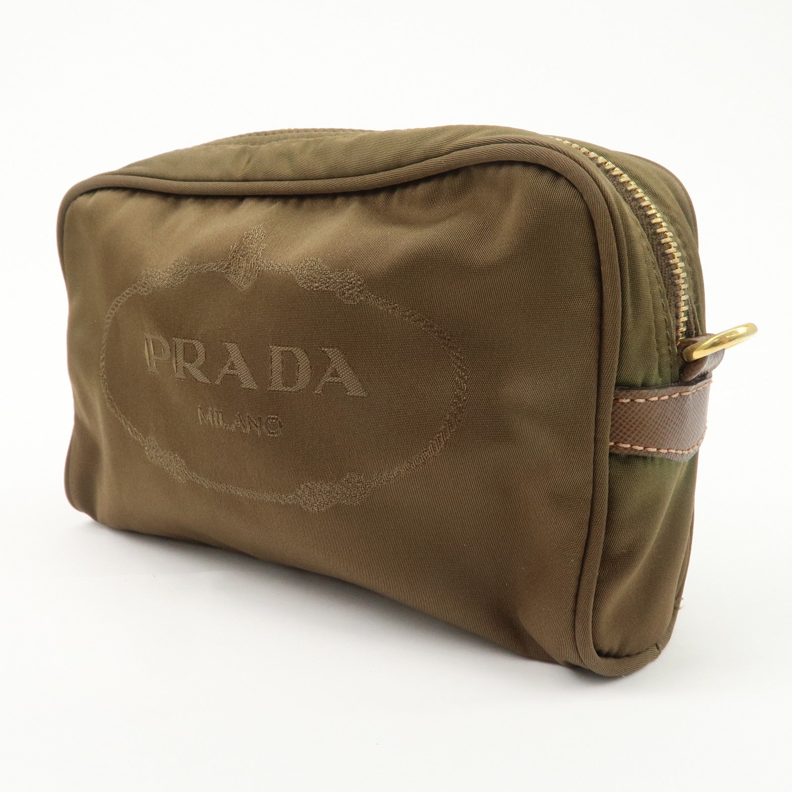 PRADA Set of 2 Leather Nylon Pouch Cosmetic Pouch Gray Khaki Used