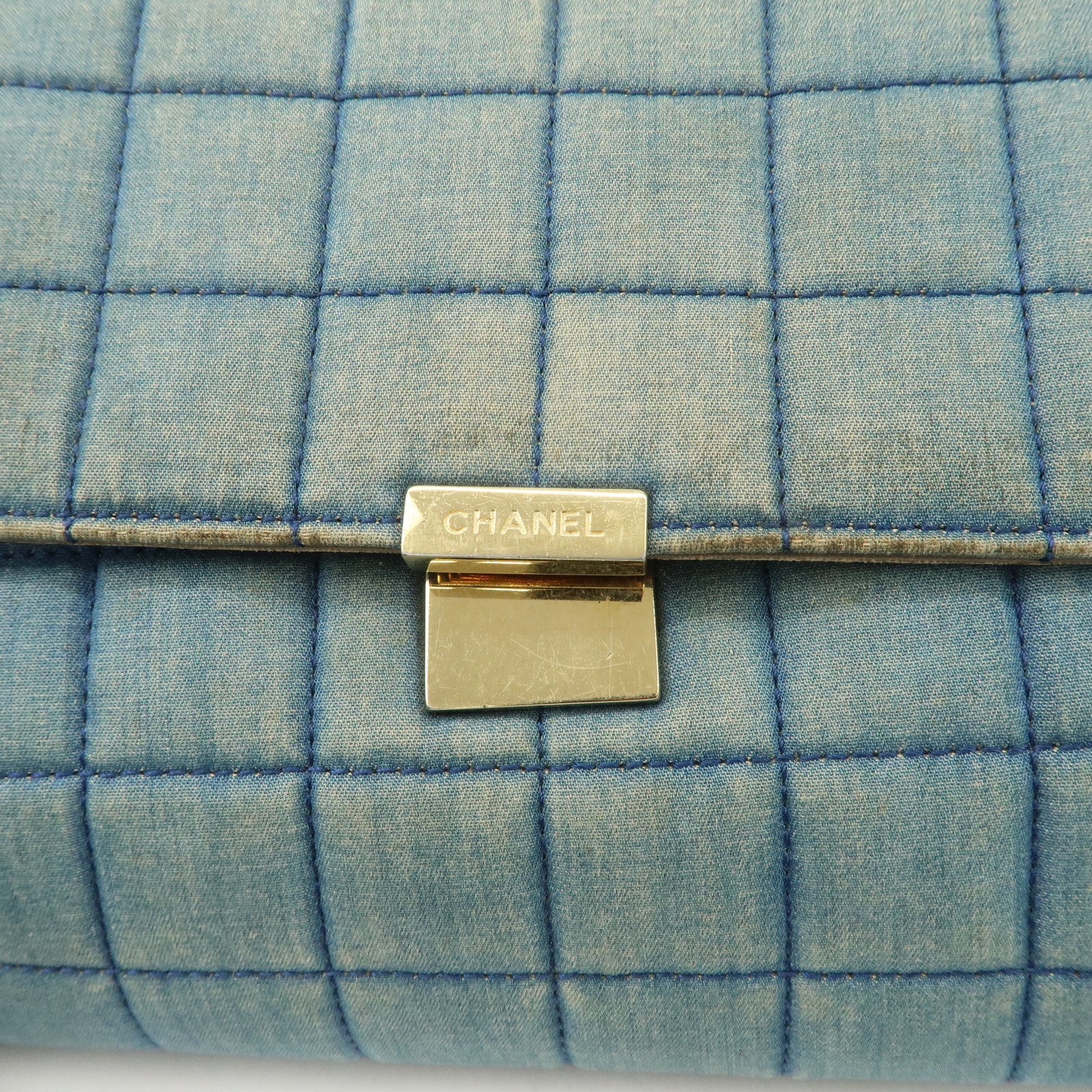 CHANEL COCO Mark Wide Stitch Chocolate Bar Chain Shoulder Bag Blue Gold Used