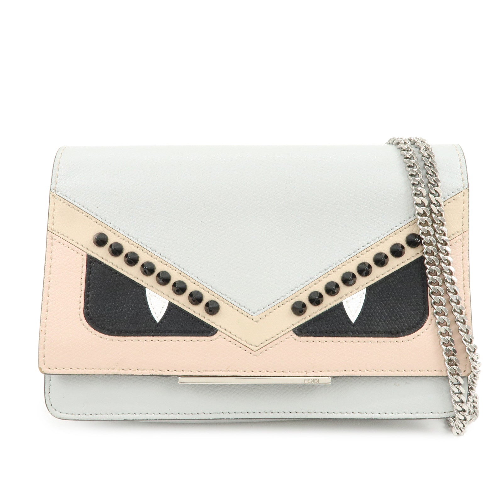 FENDI Logo Leather Monster Shoulder Bag Crossbody Bag Gray 8M0346